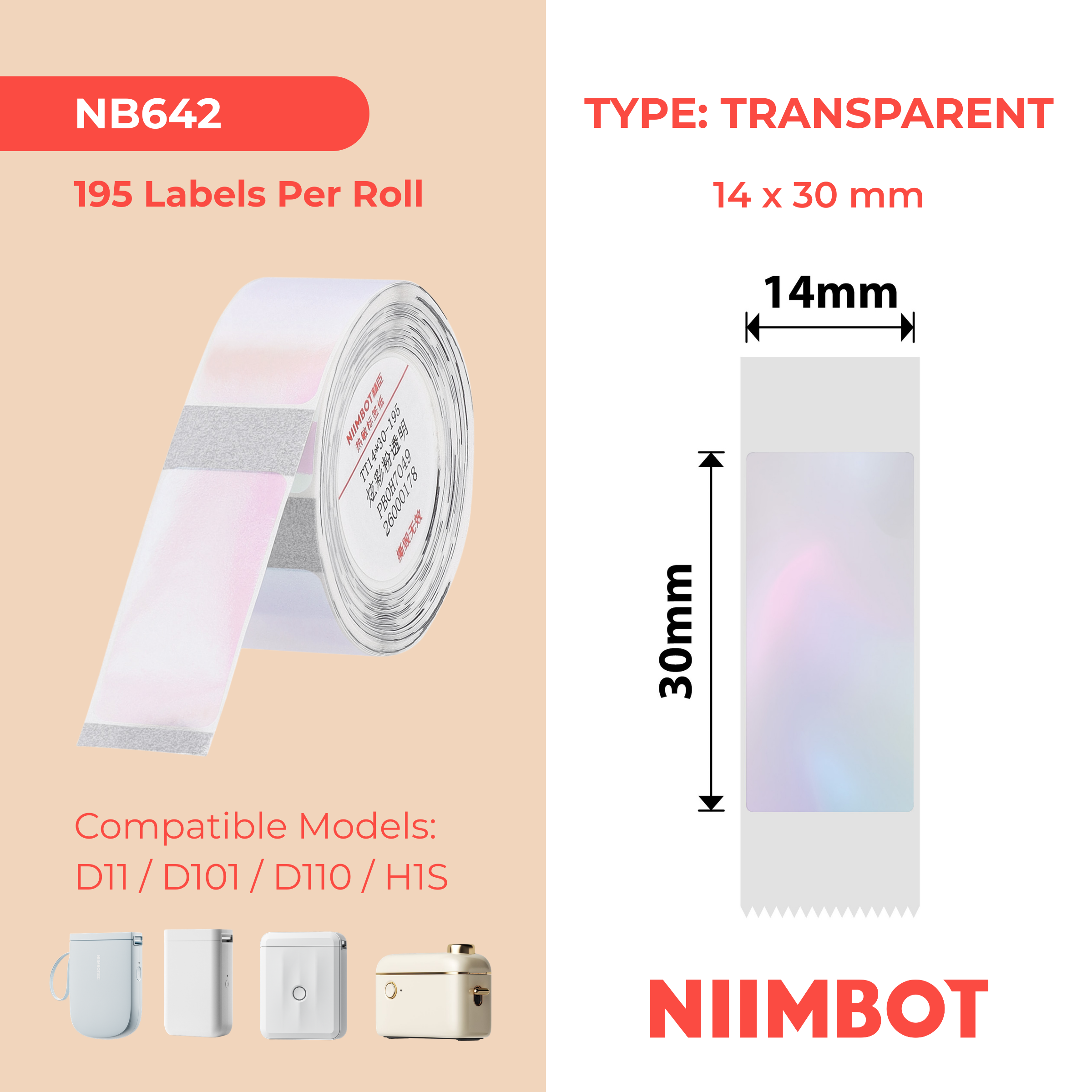 NIIMBOT - D Range - 14x30mm - Transparent Colourful Pink - 195 Labels