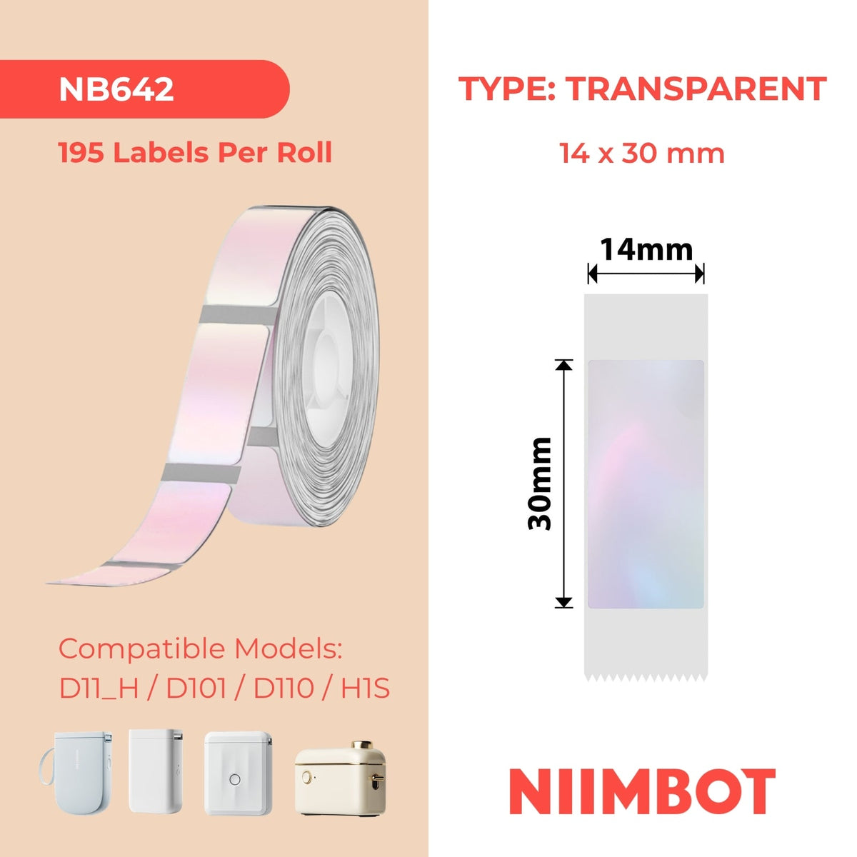 NIIMBOT - D Range - 14x30mm - Transparent Colourful Pink - 195 Labels