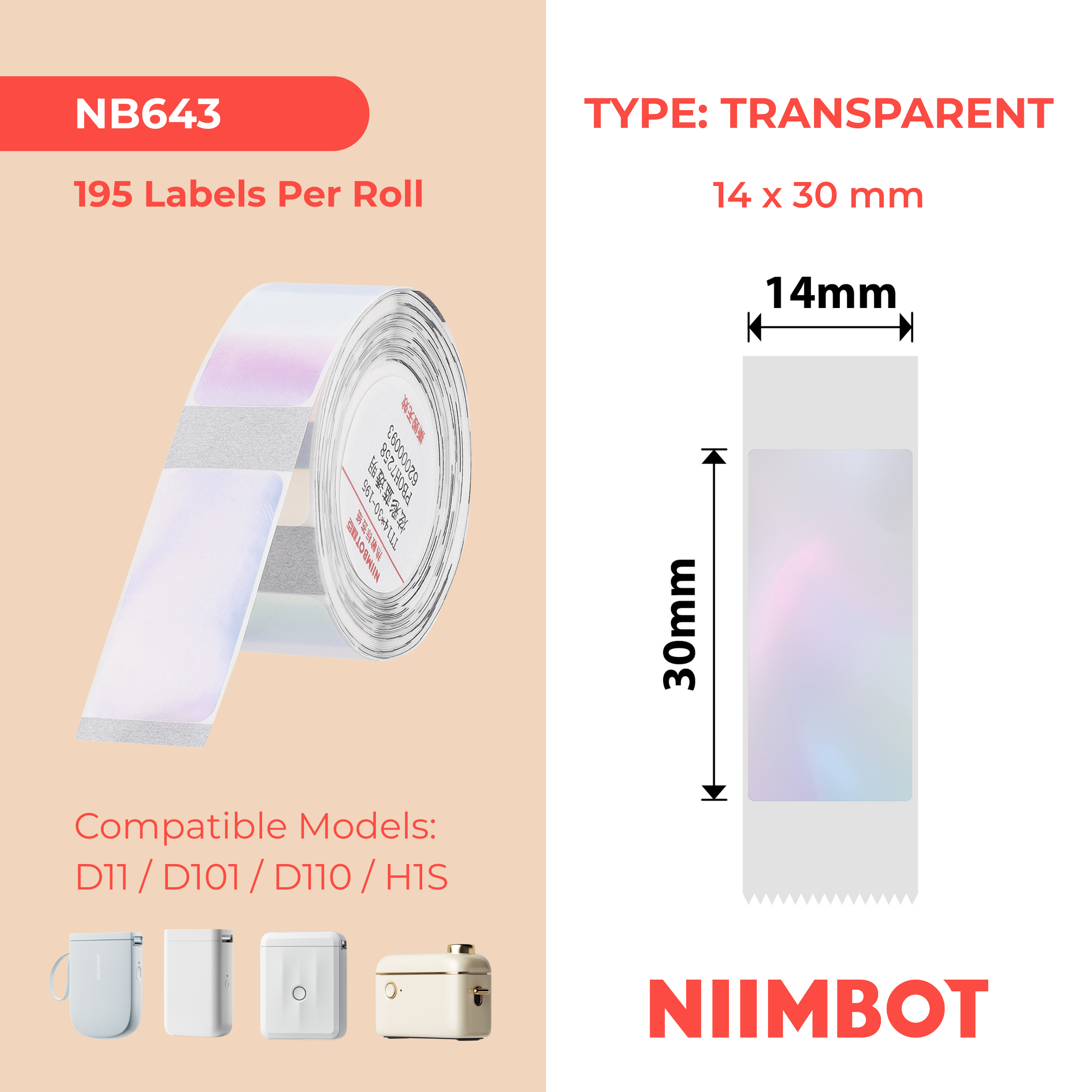 NIIMBOT - D Range - 14x30mm - Transparent Colourful Blue - 195 Labels