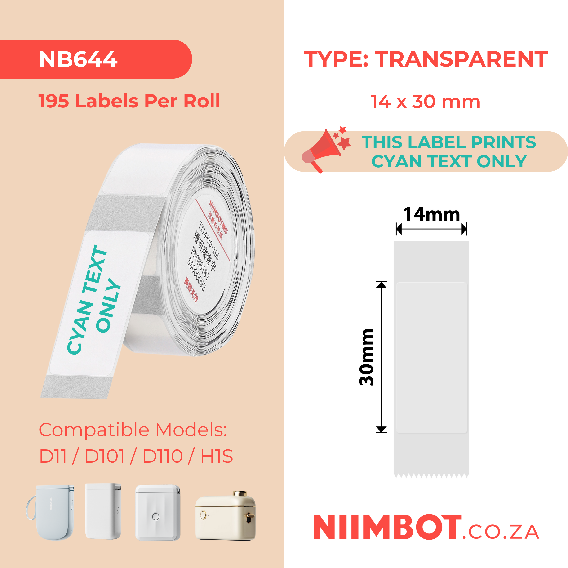 NB644 - NIIMBOT - D11 / D101 / D110 / H1S - TT14X30MM - 195 LABELS PER ROLL - TRANSPARENT - CYAN TEXT ONLY - RECTANGLE