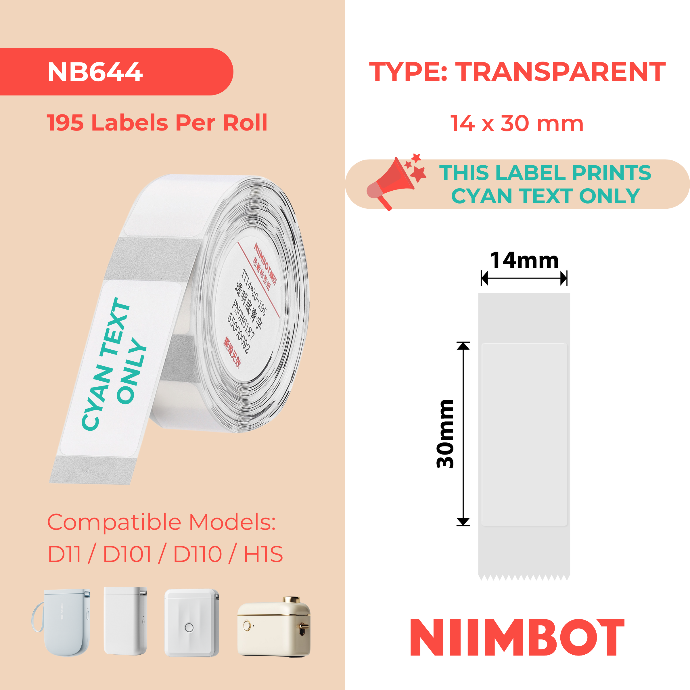 NIIMBOT - D Range - 14x30mm - Transparent Cyan Text - 195 Labels