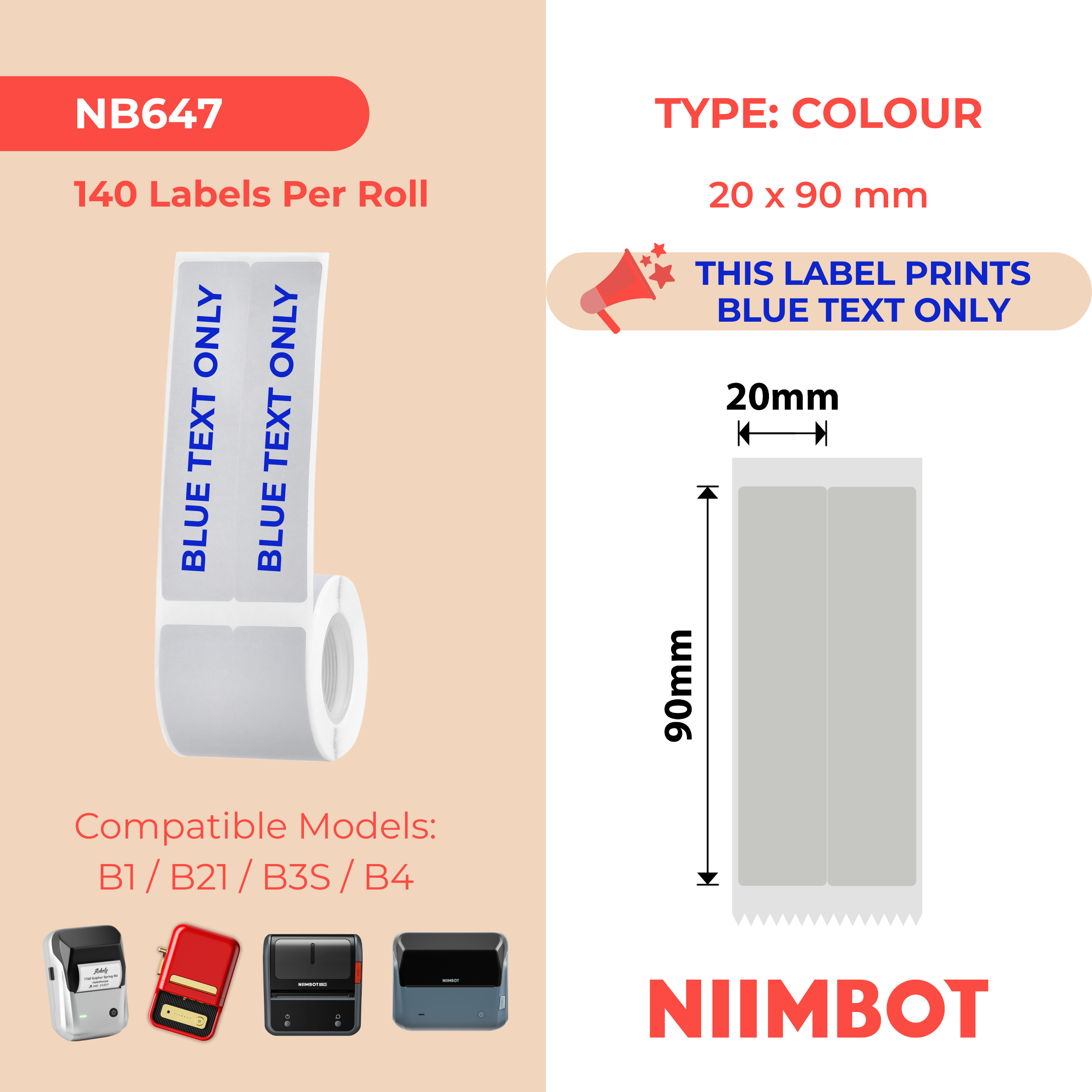 NIIMBOT - B Range - 20x90mm/2L - Silver Grey & Blue Text - 140 Labels
