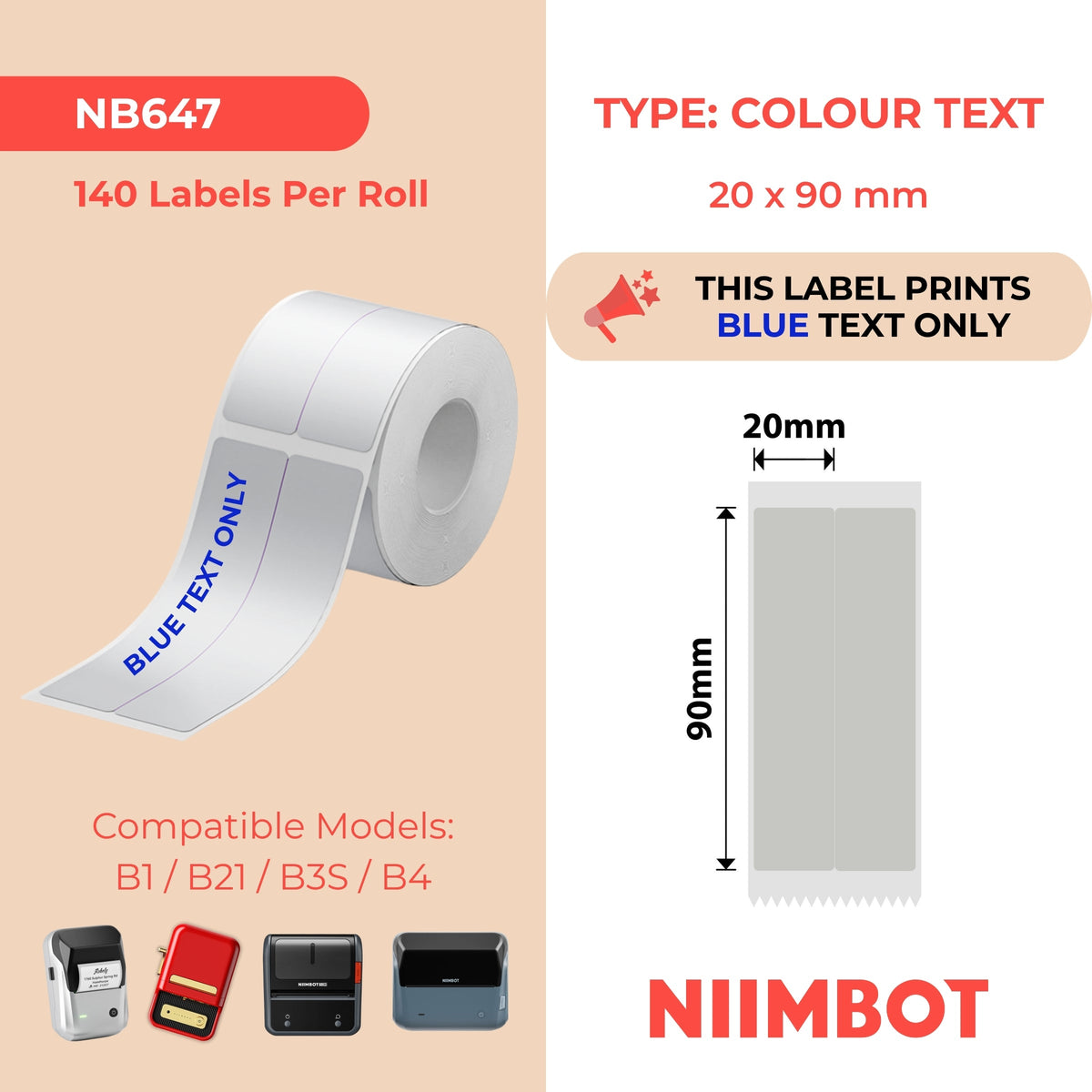 NIIMBOT - B Range - 20x90mm/2L - Silver Grey & Blue Text - 140 Labels