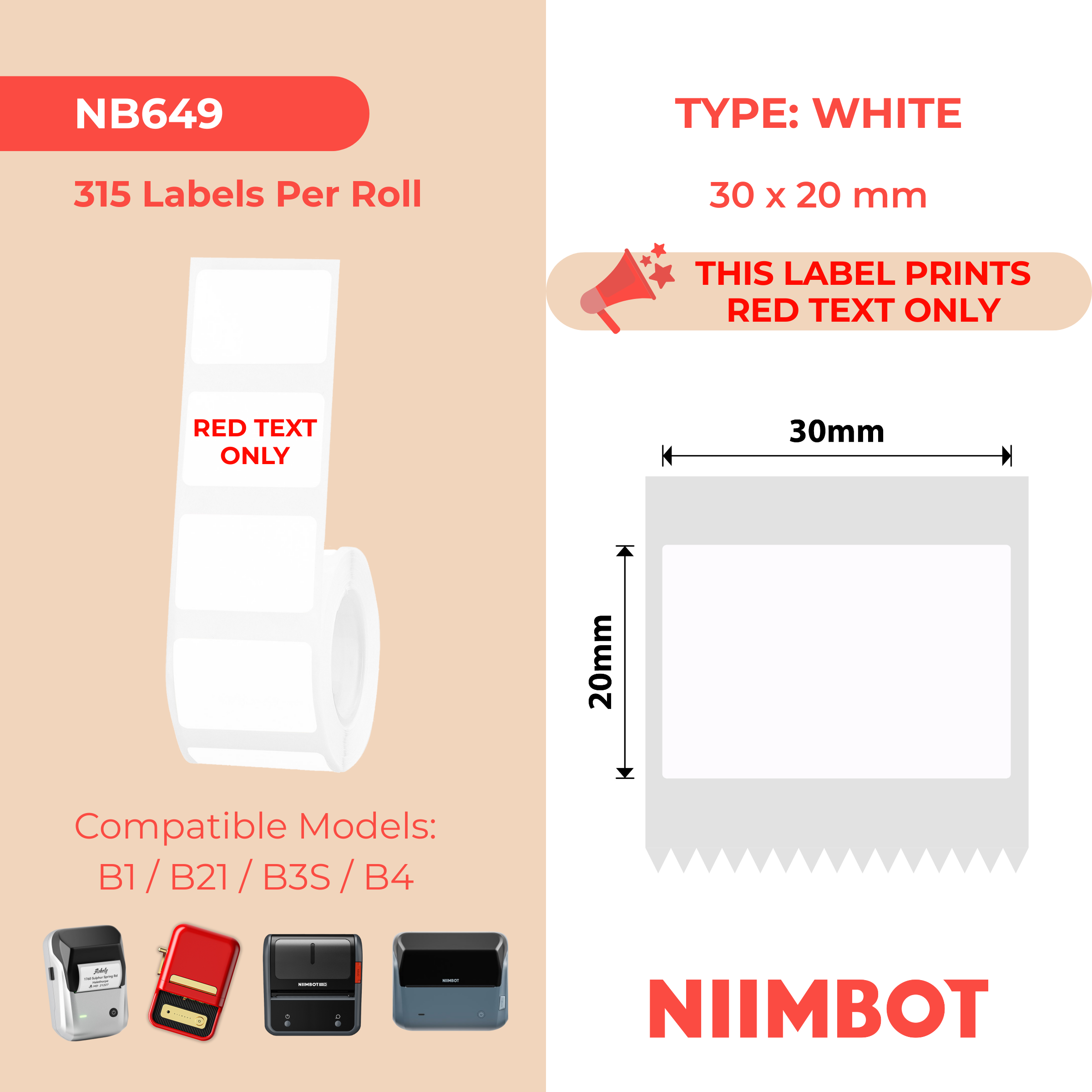 NB649 - Niimbot - B1 / B21 / B31 / B3S / B4 - 30x20mm - 315 White Red Text Only Labels