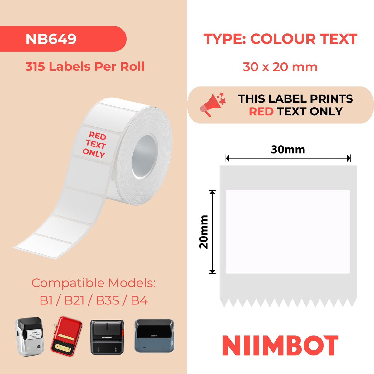 NIIMBOT - B Range - 30x20mm - White Red Text Only - 315 Labels