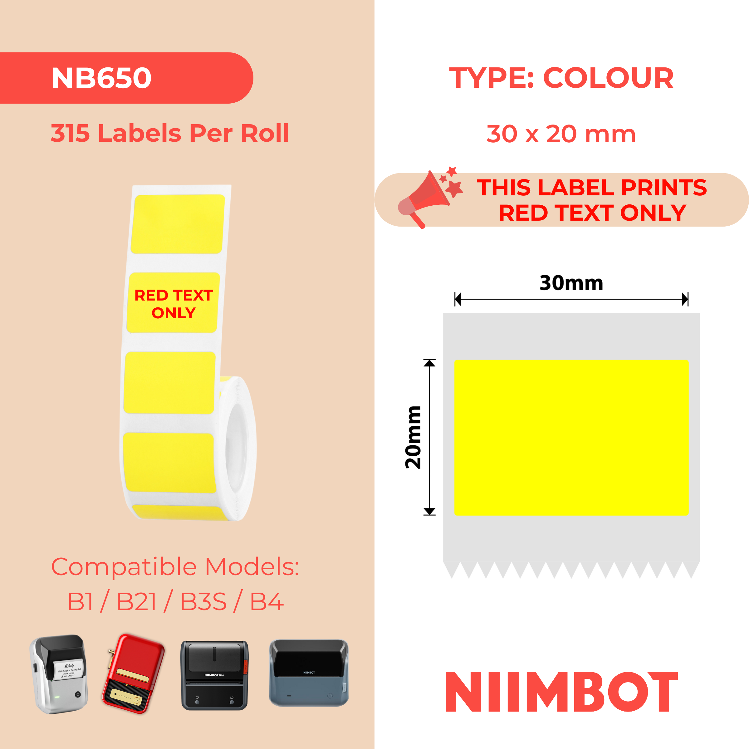 NIIMBOT - B Range - 30x20mm - Yellow Red Text Only - 315 Labels