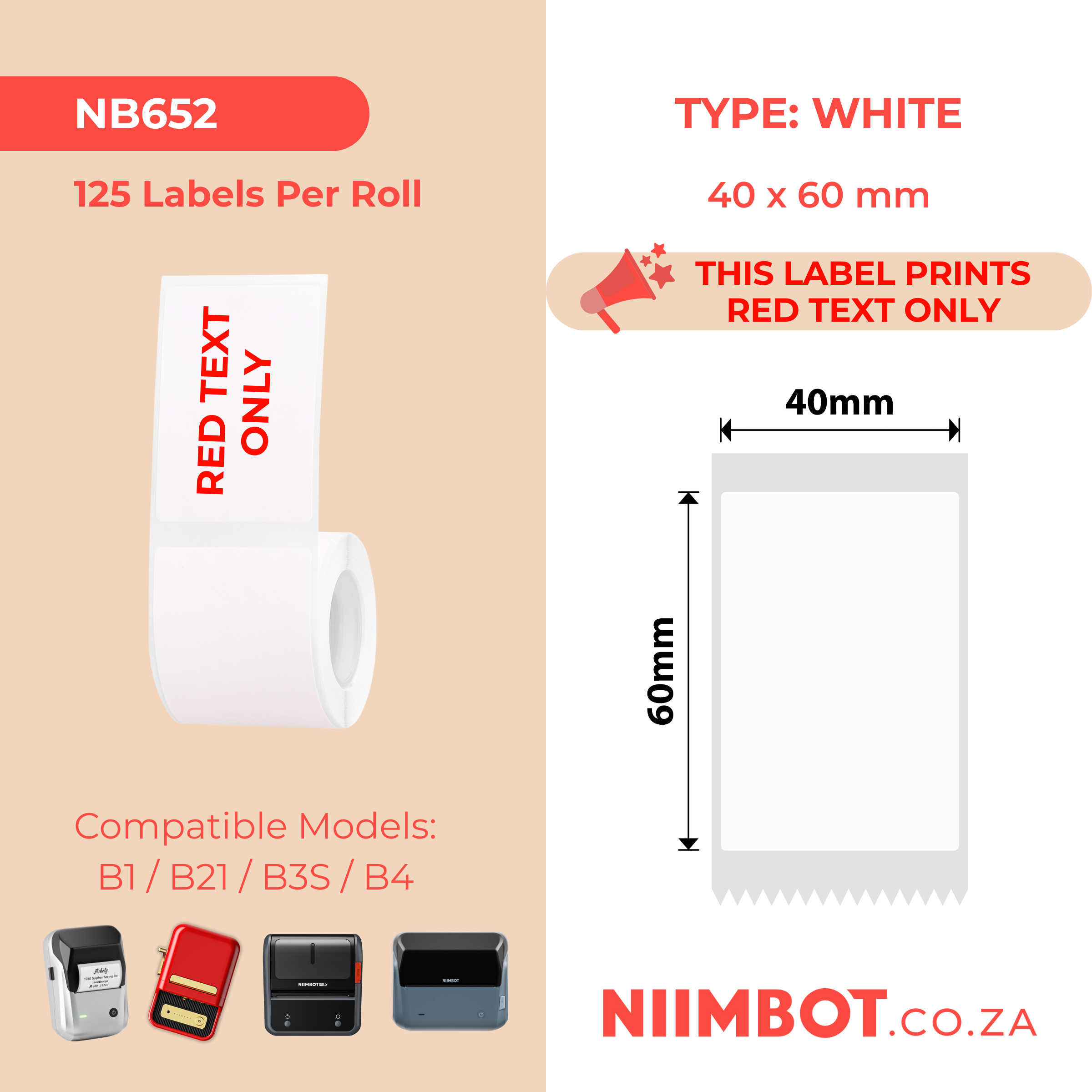 NB652 - Niimbot - B1 / B21 / B31 / B3S / B4 - 40x60mm - 125 White Labels Red Text Labels