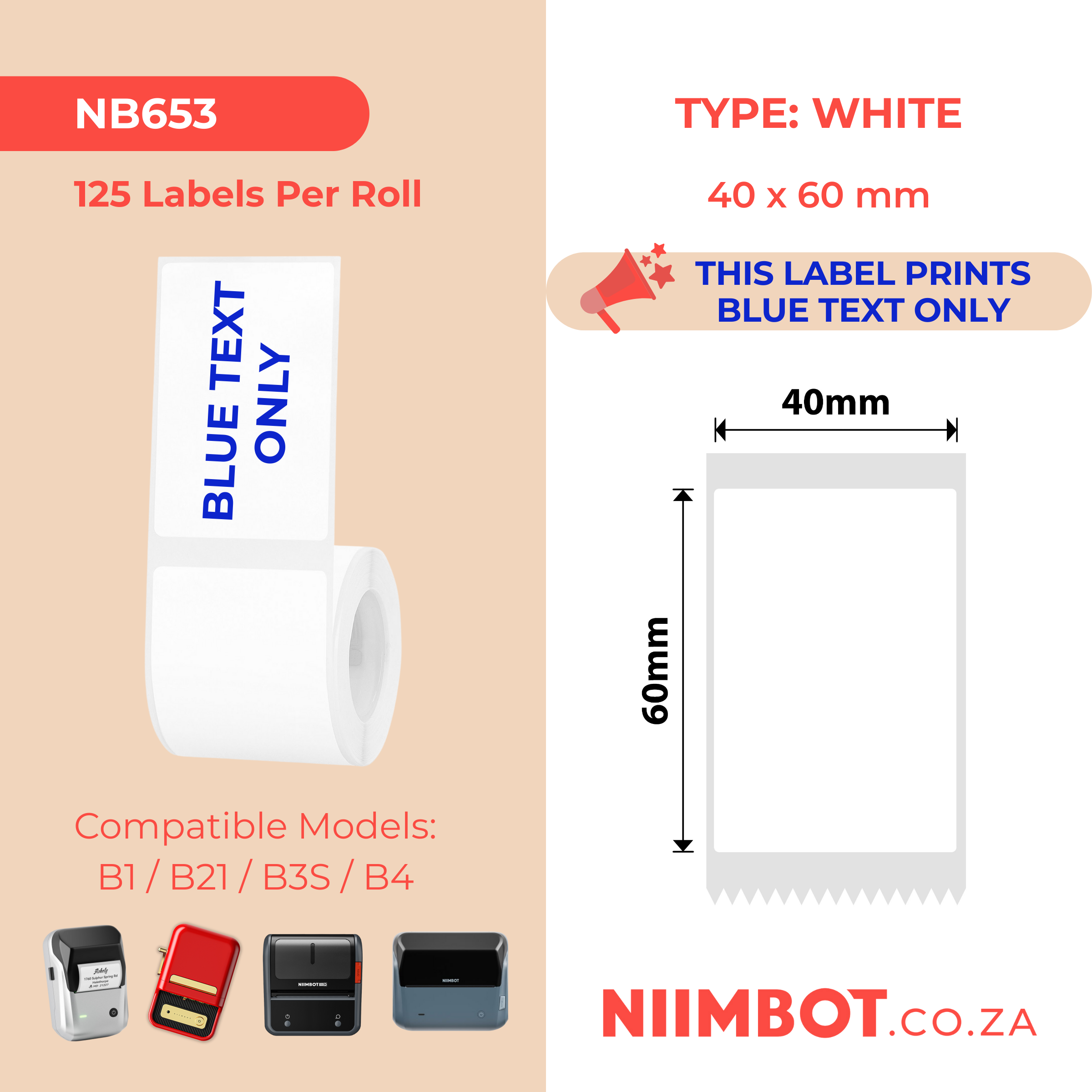 NB653 - Niimbot - B1 / B21 / B31 / B3S / B4 - 40x60mm - 125 White Blue Text Labels