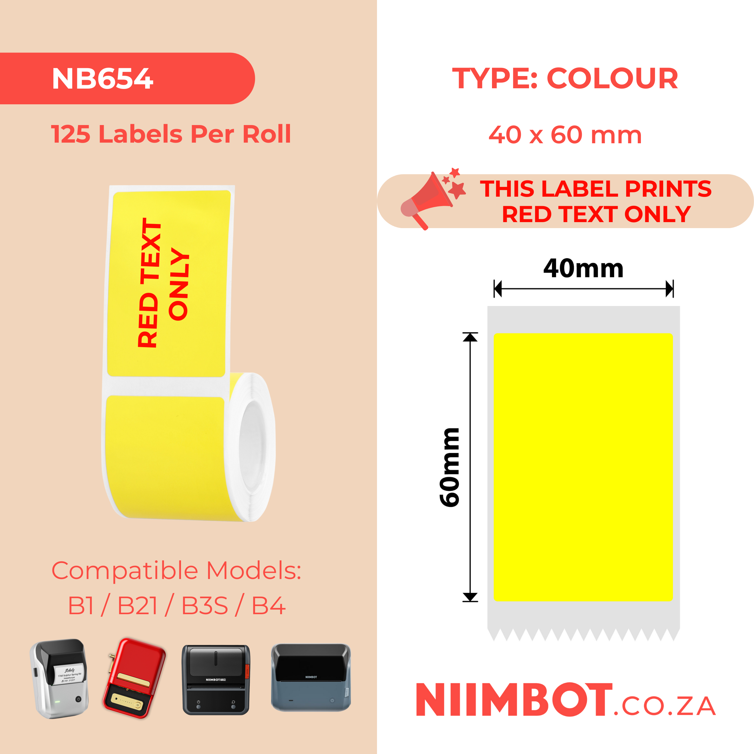 NIIMBOT - B Range - 40x60mm - Yellow Red Text Only - 125 Labels