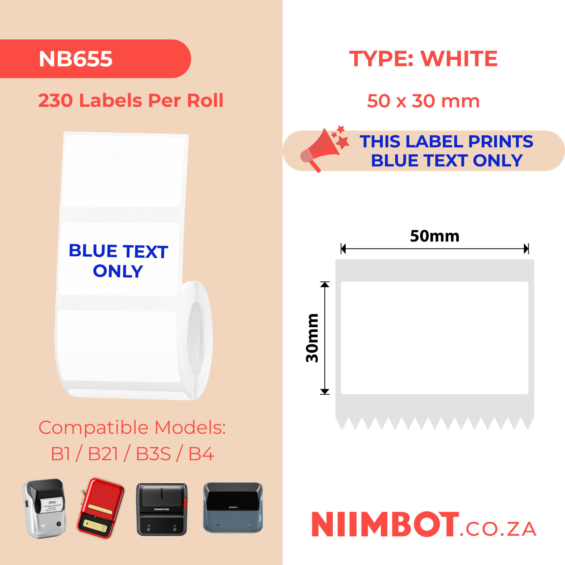 NIIMBOT - B Range - 50x30mm - White Blue Text Only - 230 Labels