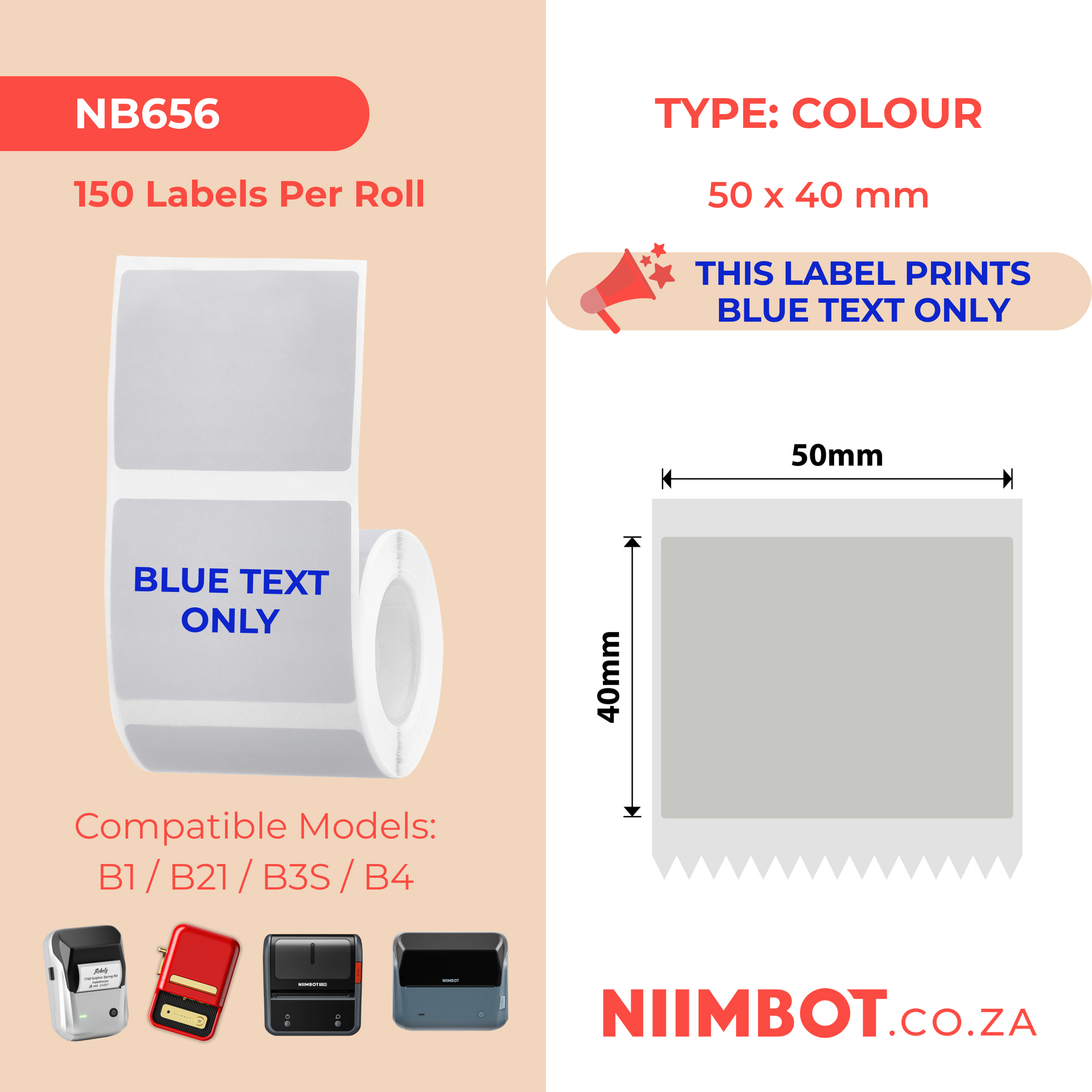 NIIMBOT - B Range - 50x40mm - Silver Grey Blue Text Only - 150 Labels