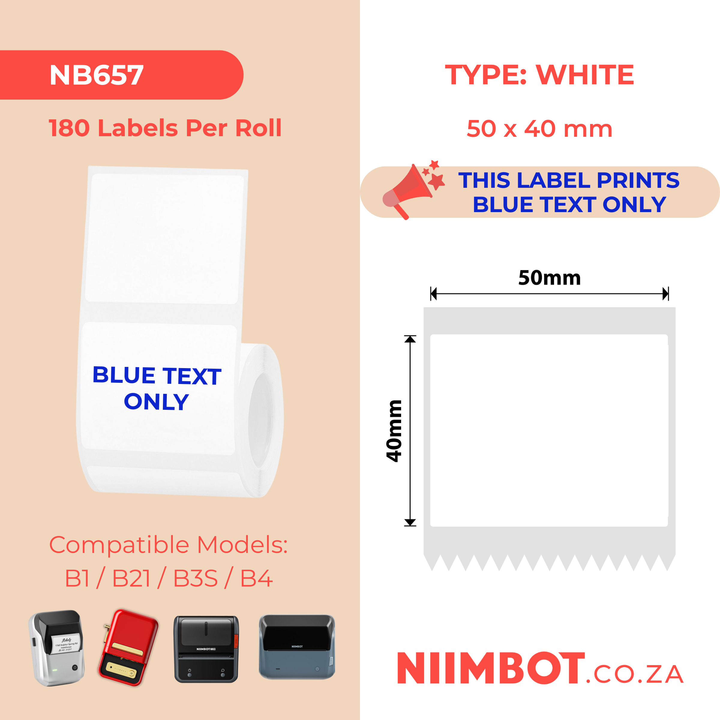 NIIMBOT - B Range - 50x40mm - White Blue Text Only - 180 Labels