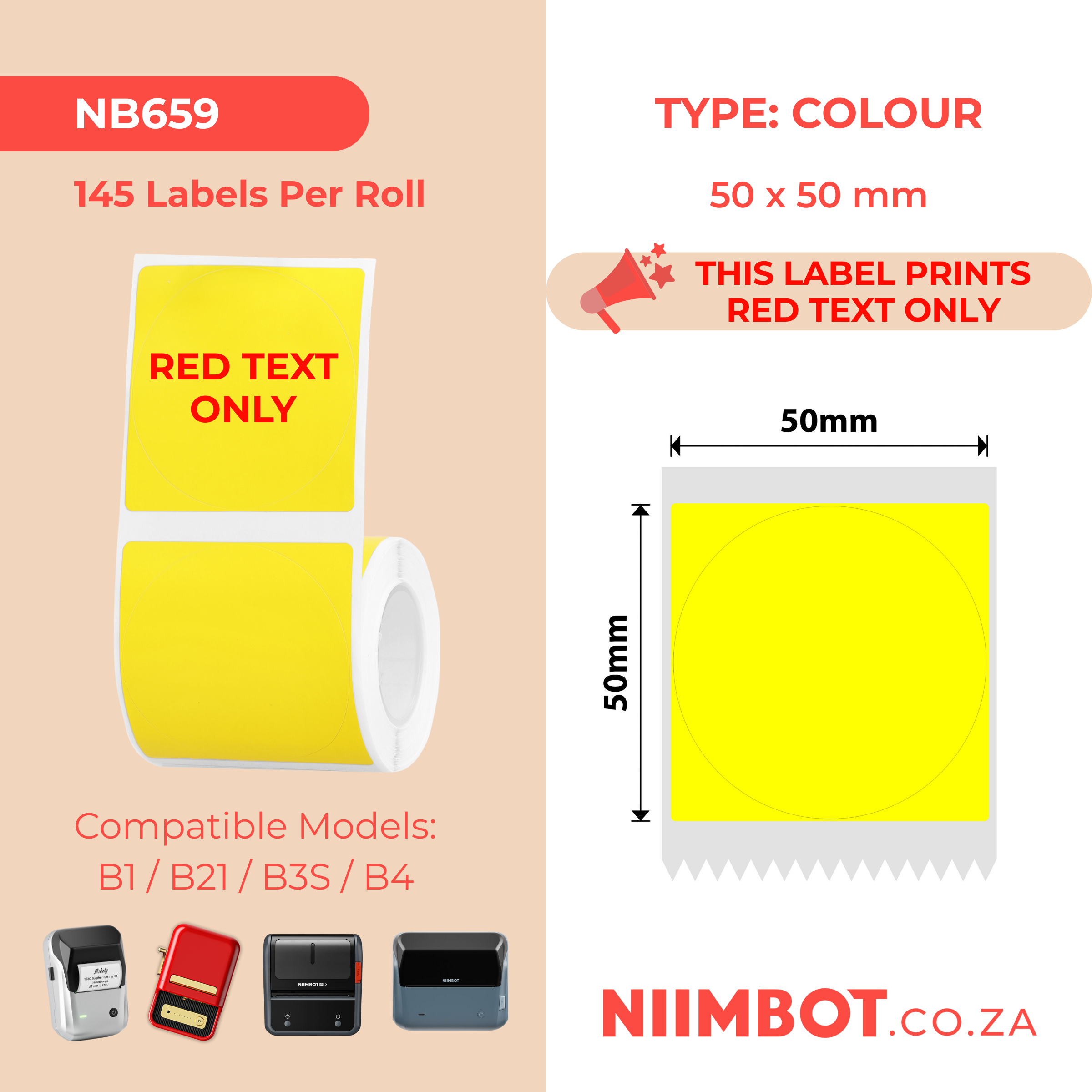 NB659 - NIIMBOT - B1 / B21 / B3S / B4 - T50X50 - 145 LABELS PER ROLL - YELLOW - RED TEXT ONLY - ROUND
