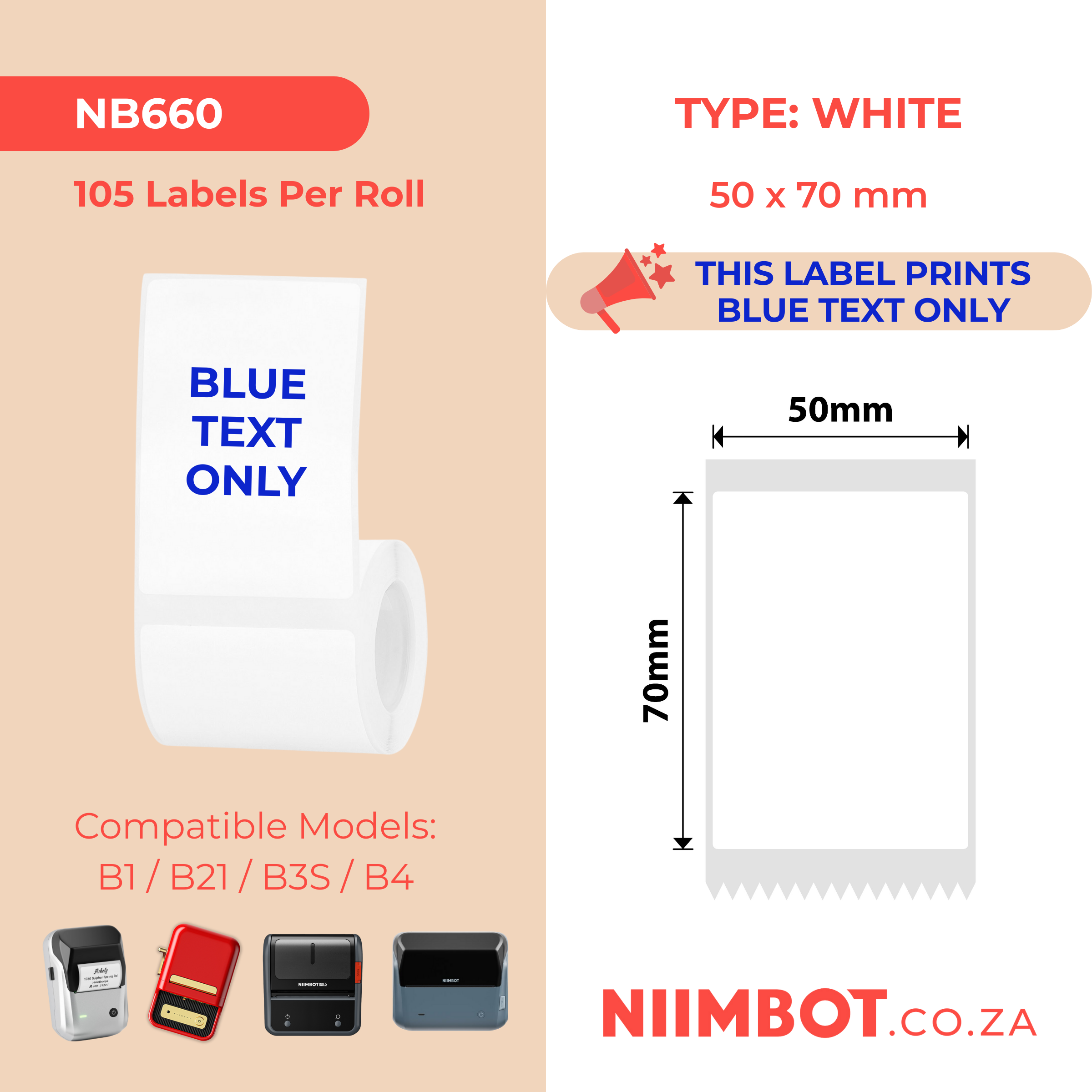 NIIMBOT - B Range - 50x70mm - White Blue Text - 105 Labels
