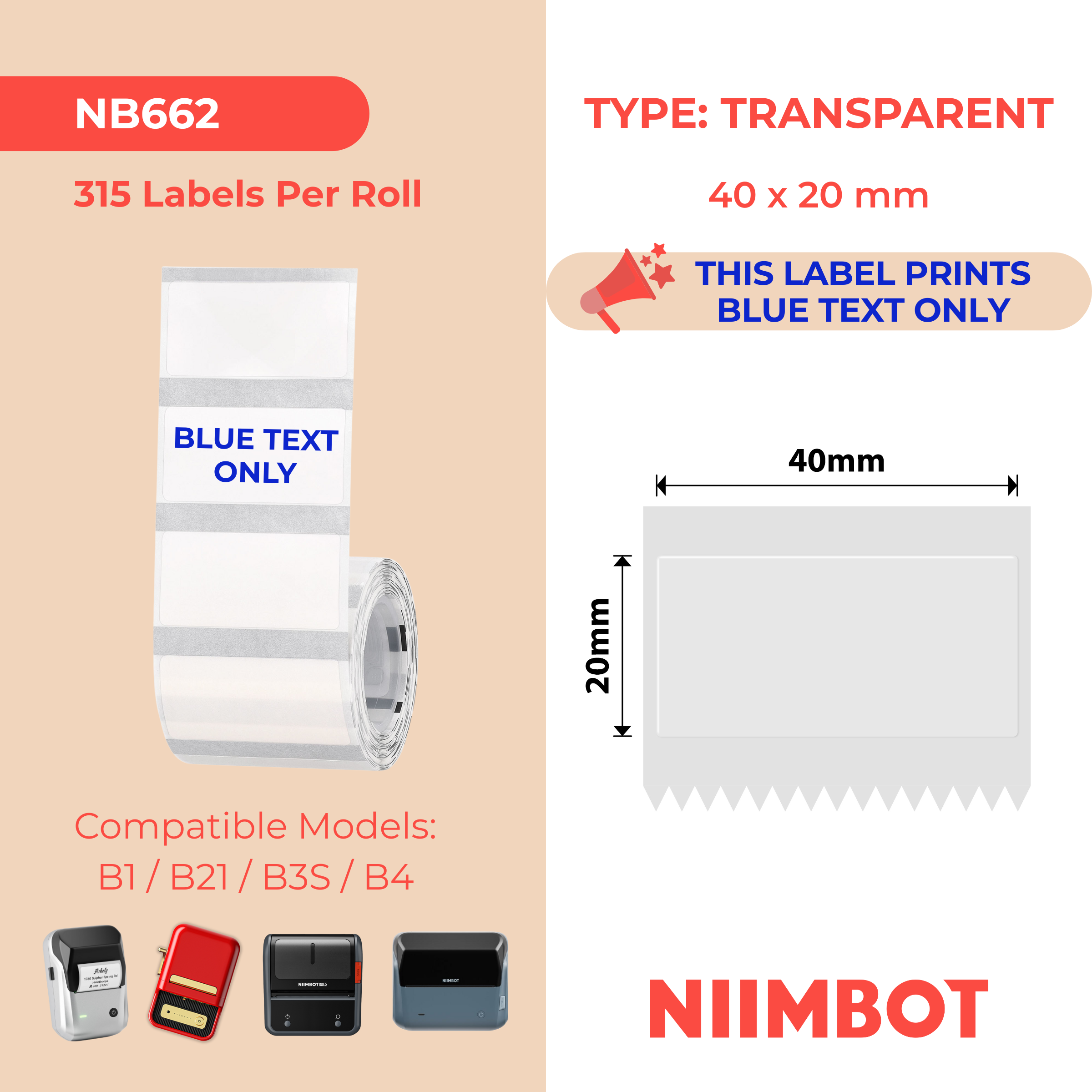 NIIMBOT - B Range - 40x20mm - Transparent Blue Text Only - 315 Labels