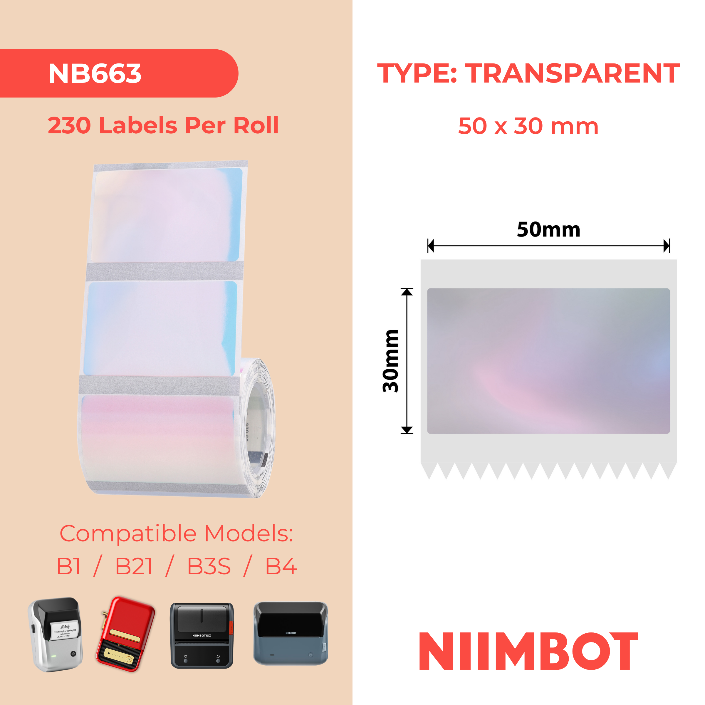 NIIMBOT - B Range - 50x30mm - Colorful Blue Transparent - 230 Labels