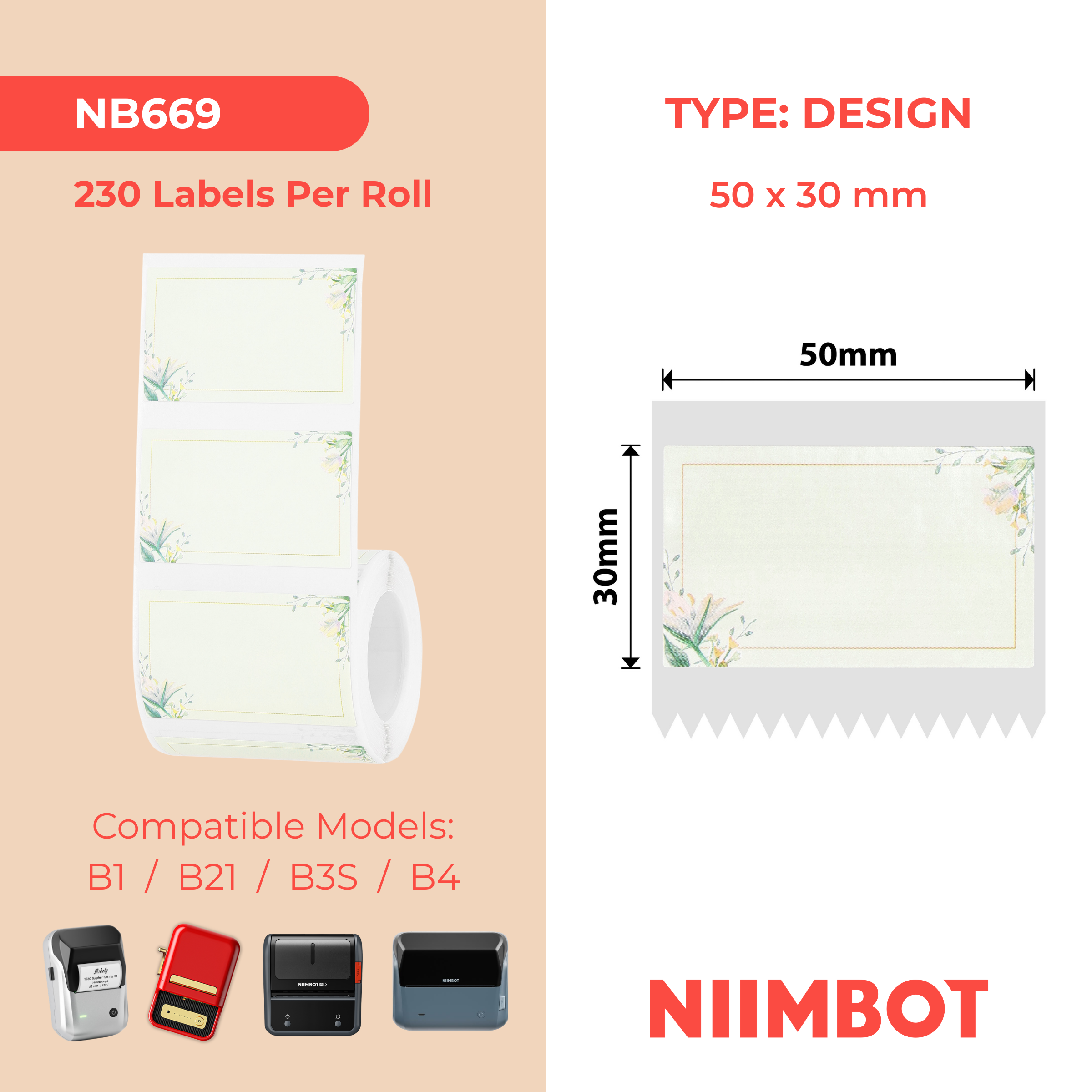 NIIMBOT - B Range - 50x30mm - White Flower - 230 Labels