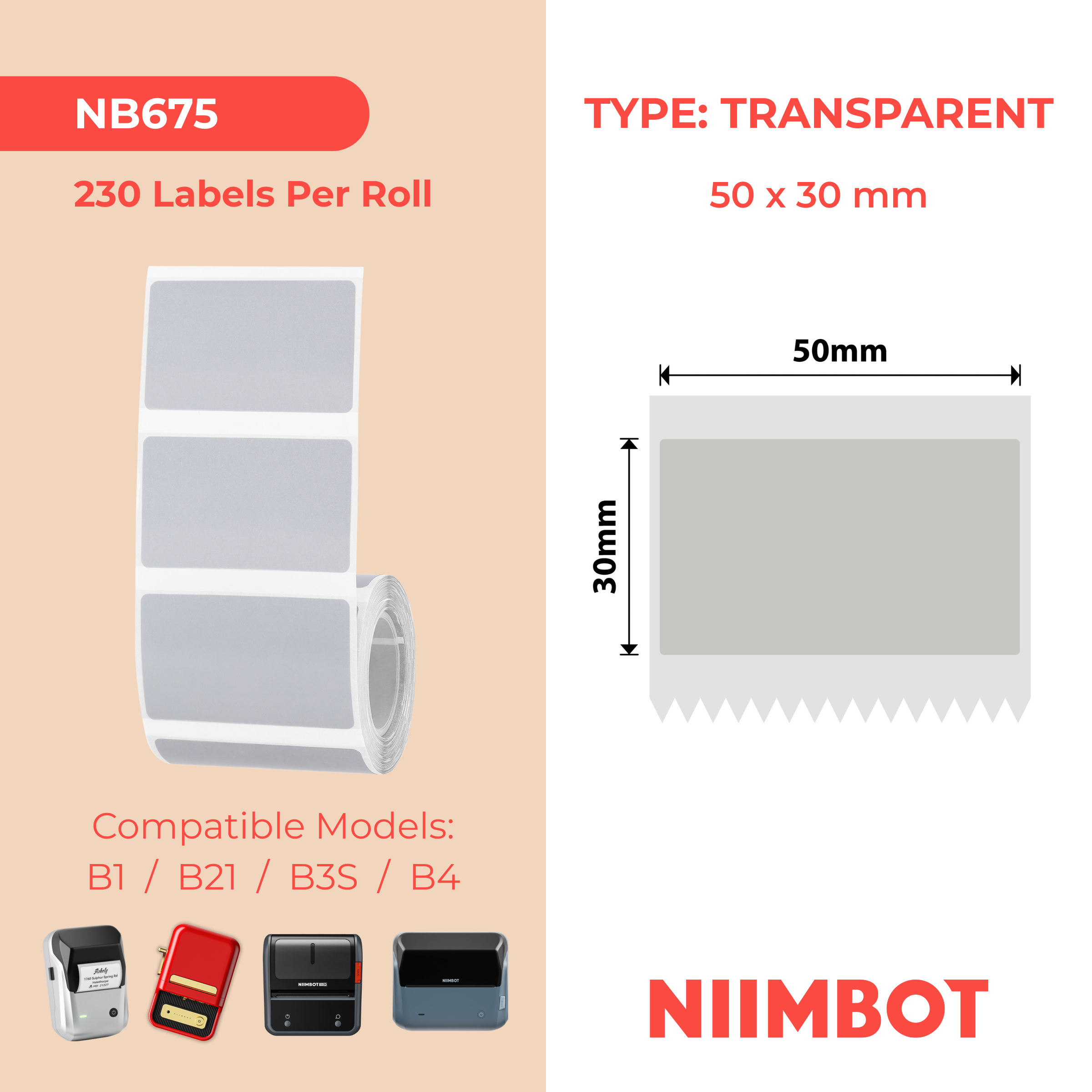 NIIMBOT - B Range - 50x30mm - Silver Transparent - 230 Labels