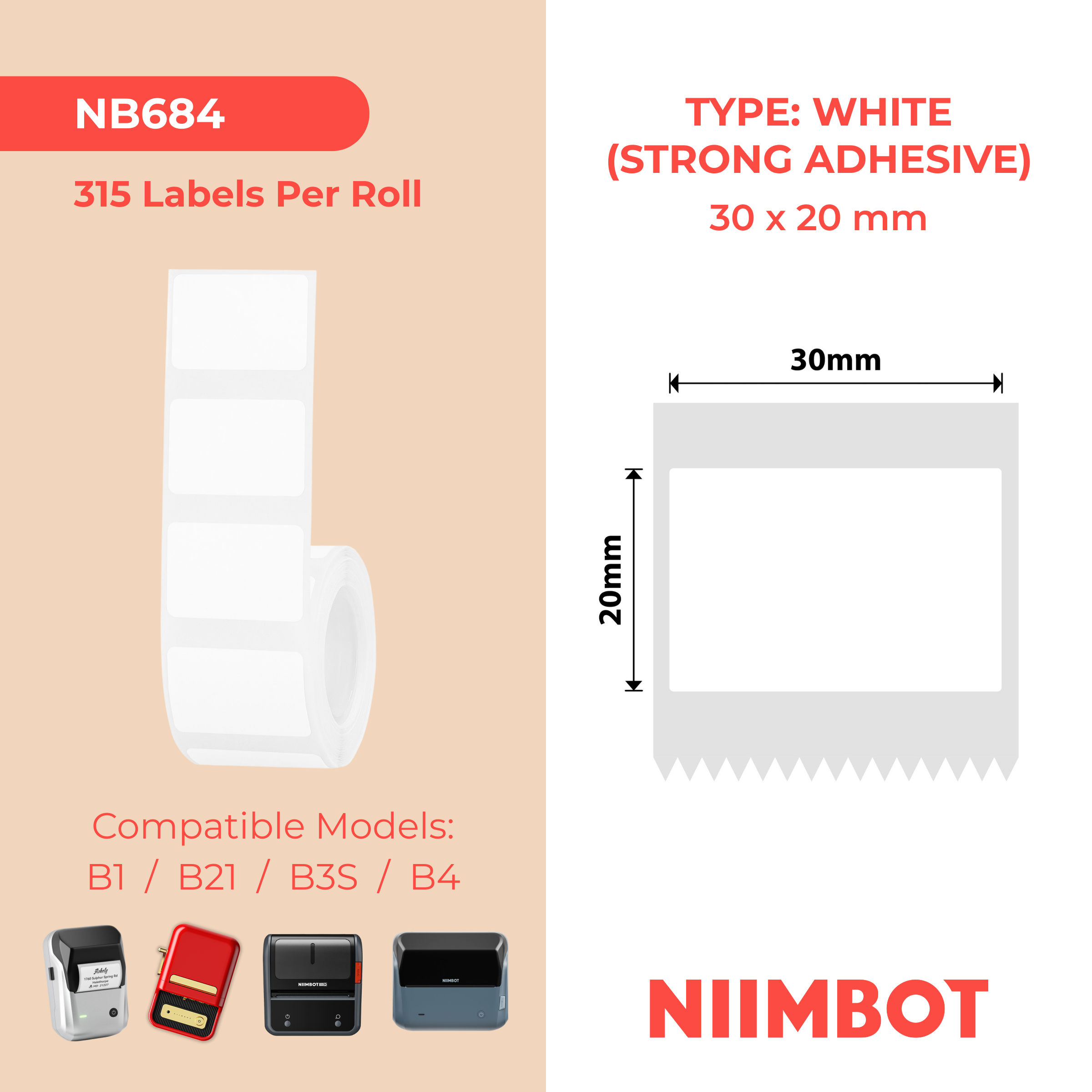 NIIMBOT - B Range - 30x20mm - White Extra Strong Adhesive - 315 Labels