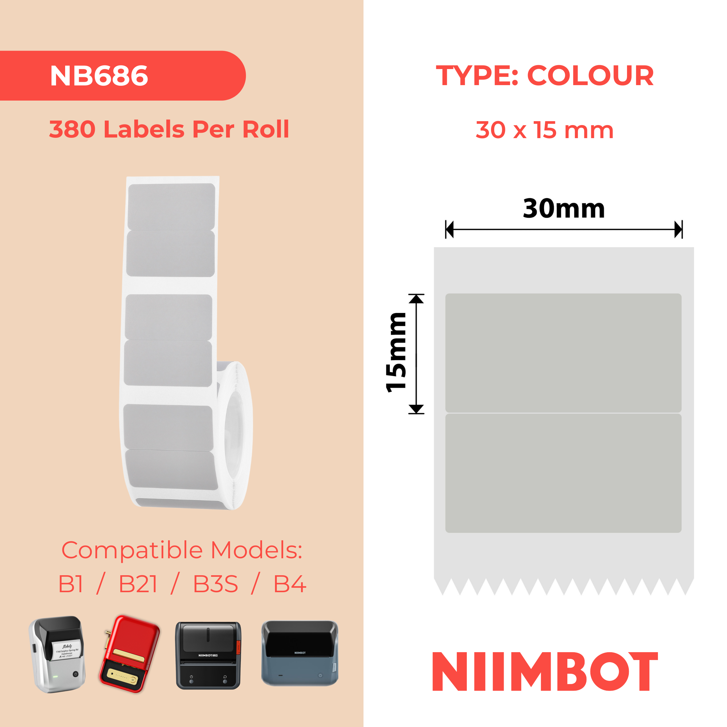NIIMBOT - B Range - 30x15mm/2R - Grey Void - 380 Labels