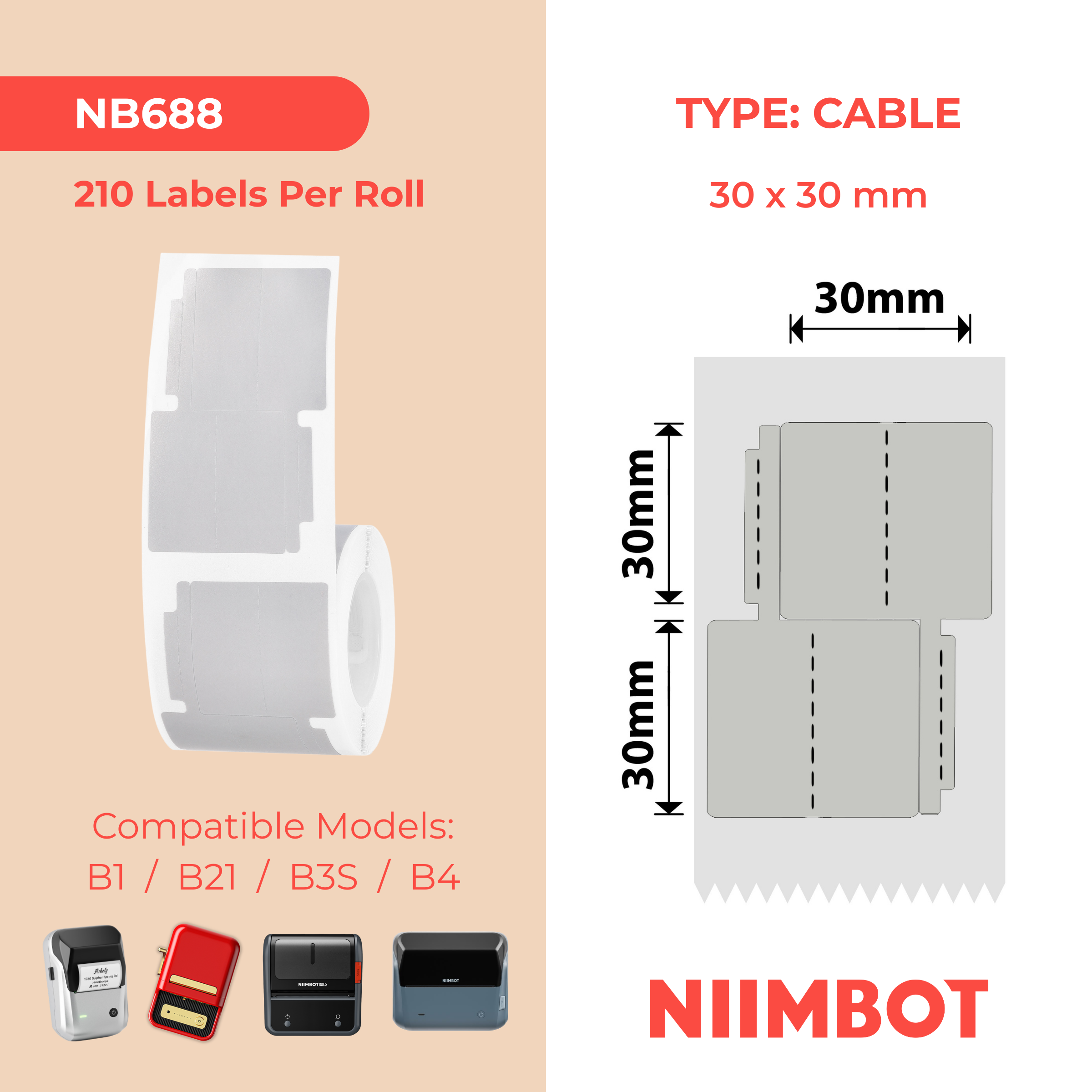 NIIMBOT - B Range - 30x30+30mm/2L - Silver Grey Double Row Jewellery Void - 210 Labels