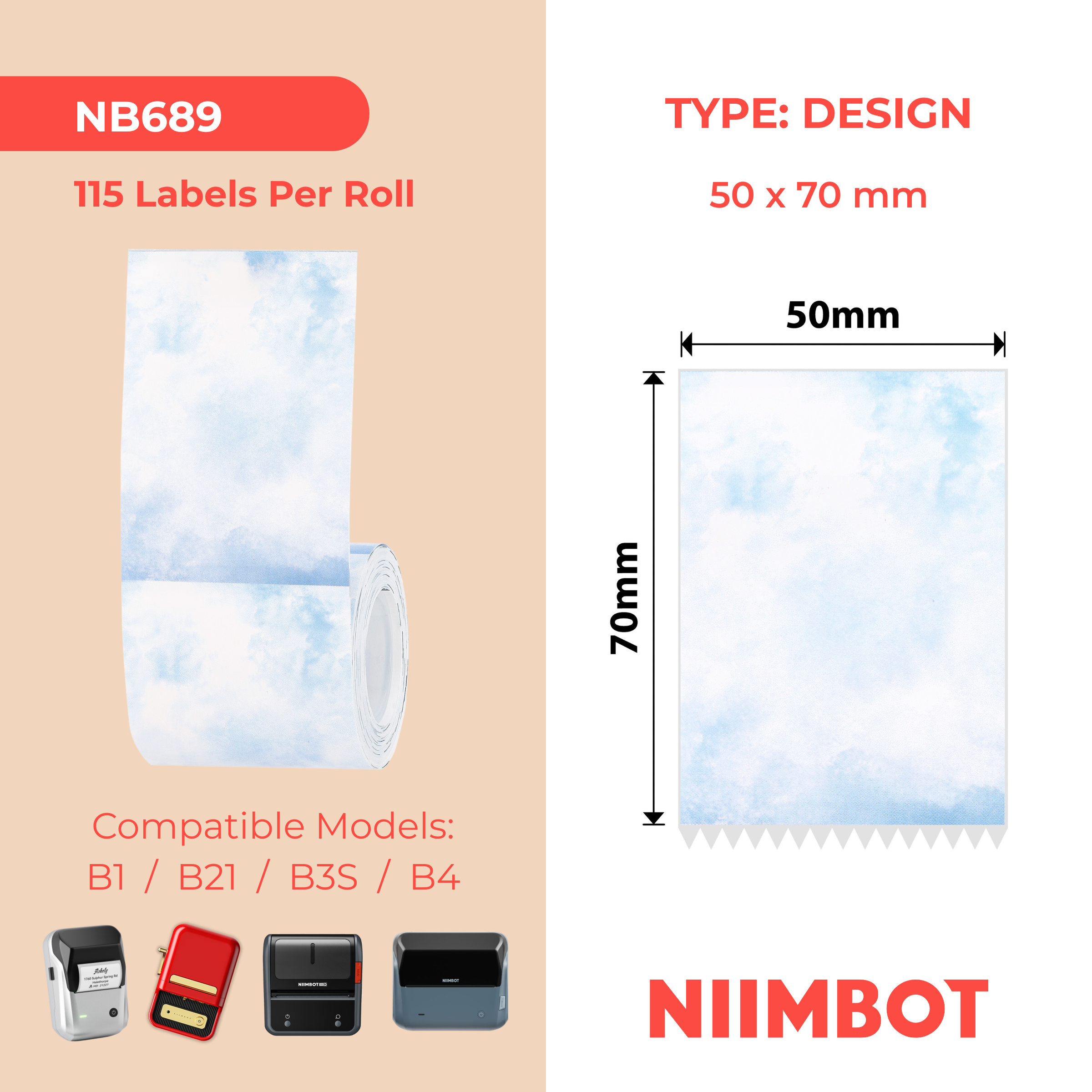 NB689 - NIIMBOT - B1 / B21 / B3S / B4 - 50X70MM - 115 BLUE LETTERING & BLUE TONE PAPER LABELS