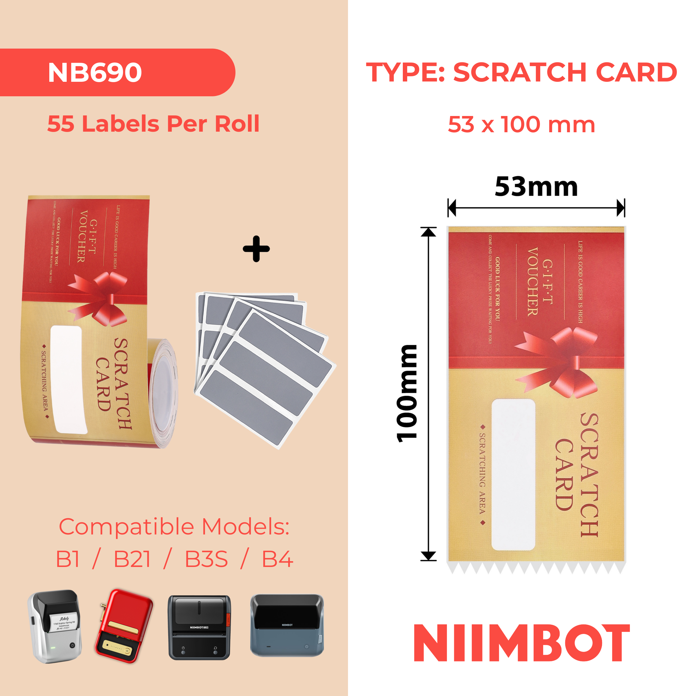 NIIMBOT - B Range - 53x100mm - Gift Scratch Card - 55 Labels