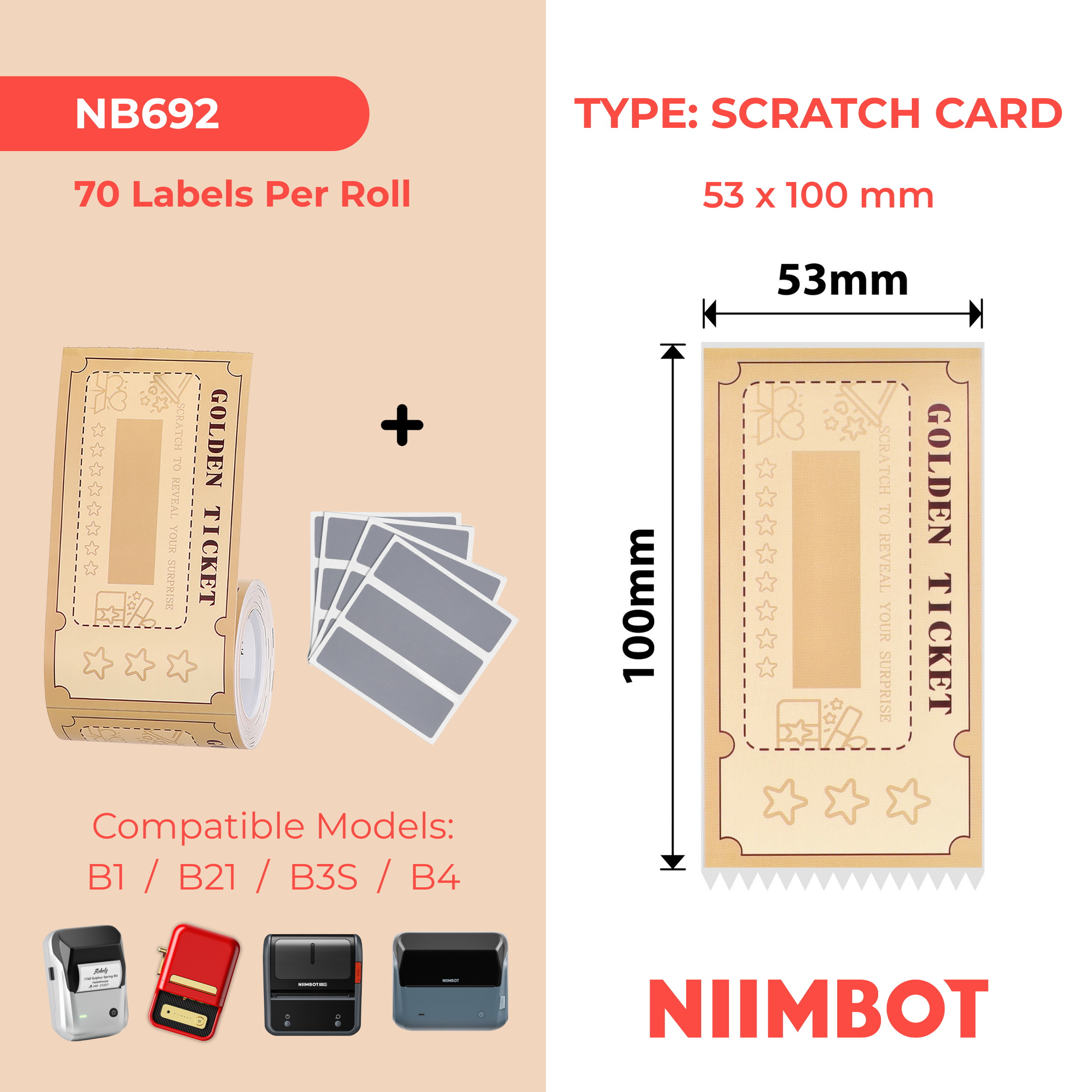 NIIMBOT - B Range - 53x100mm - 70 Gold Scratch Cards