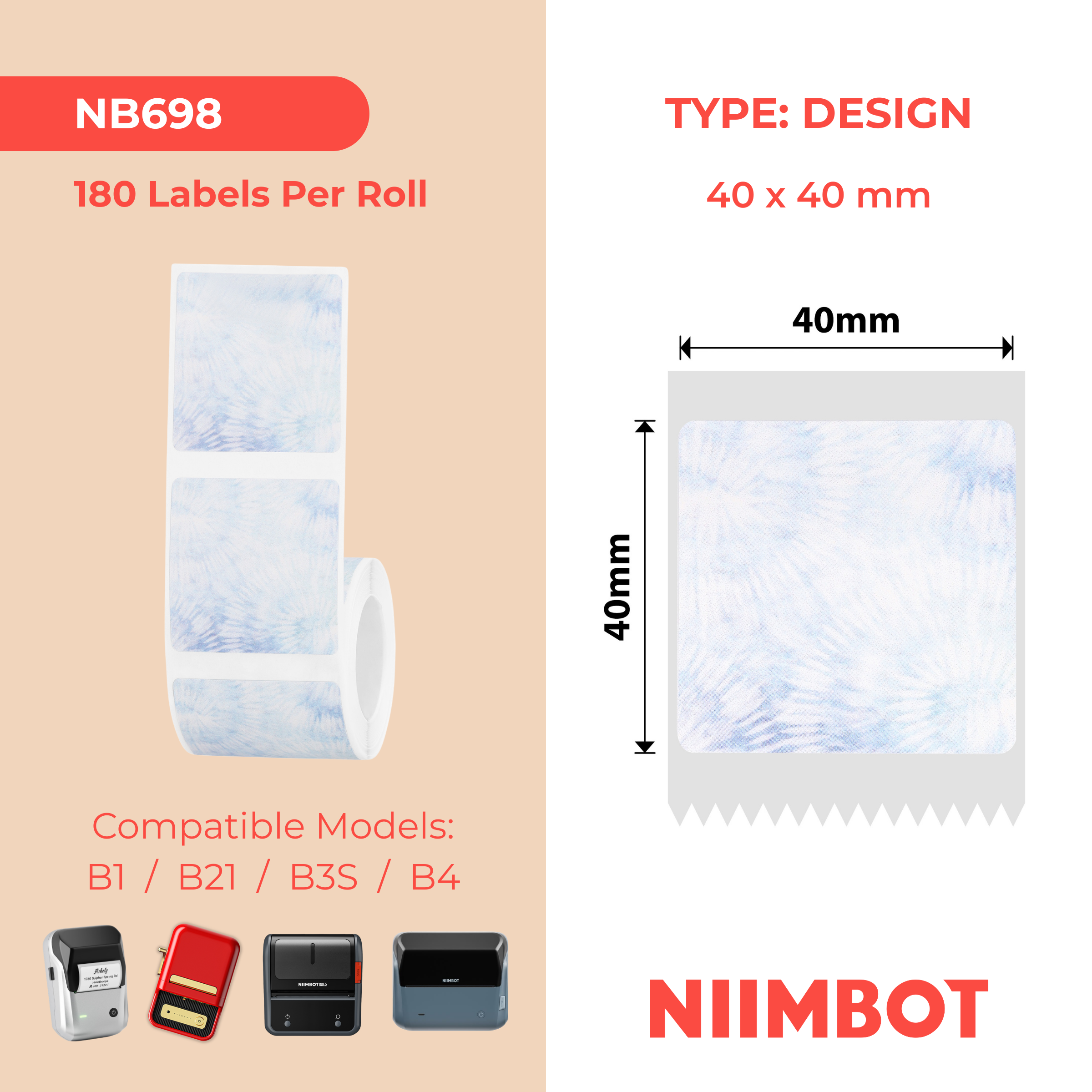 NB698 - NIIMBOT - B1 / B21 / B3S / B4 - 40X40MM - 180 BLUE LETTER BLUE TONE NOTEBOOK LABELS