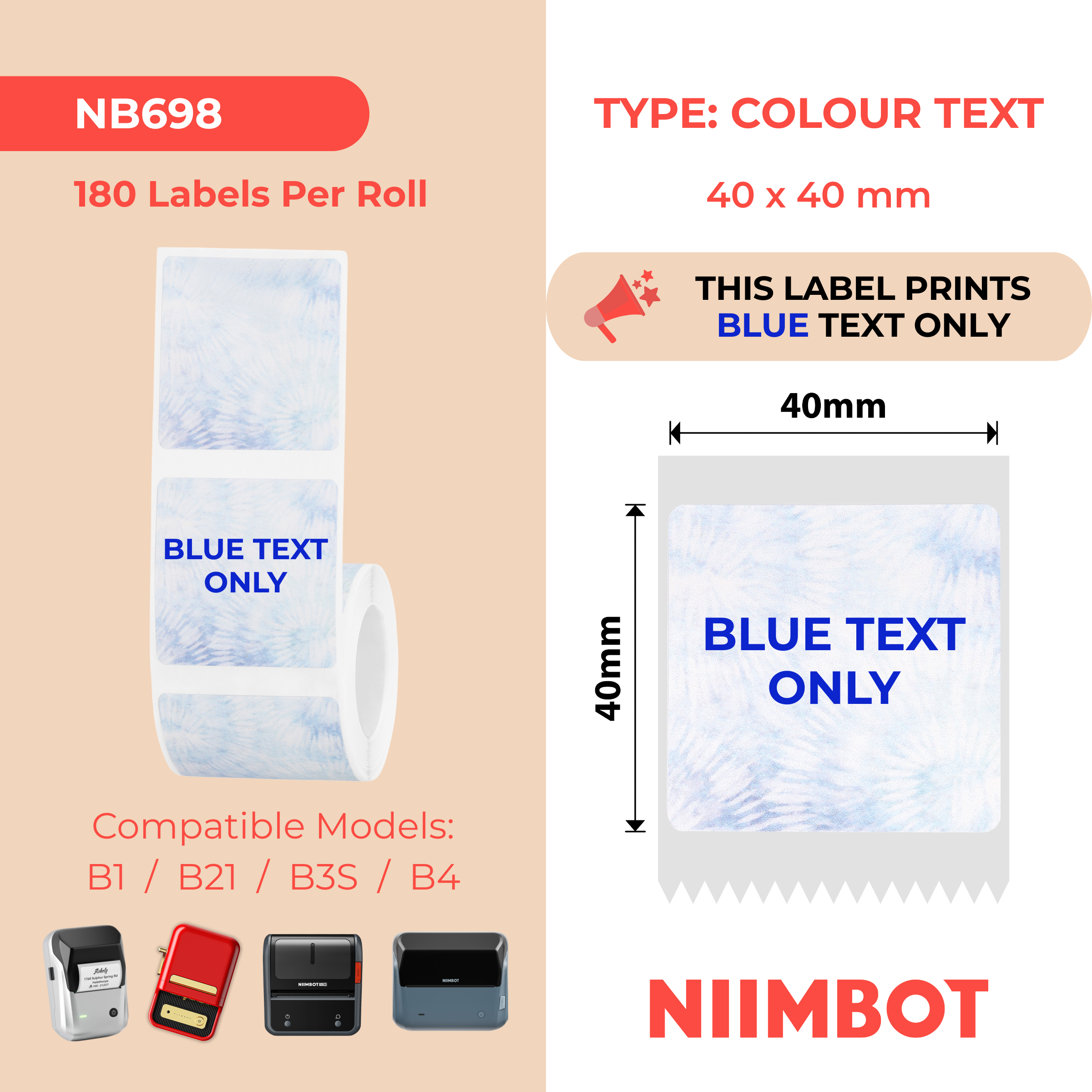 NIIMBOT - B Range - 40x40mm - Blue Text Journal Style - 180 Labels