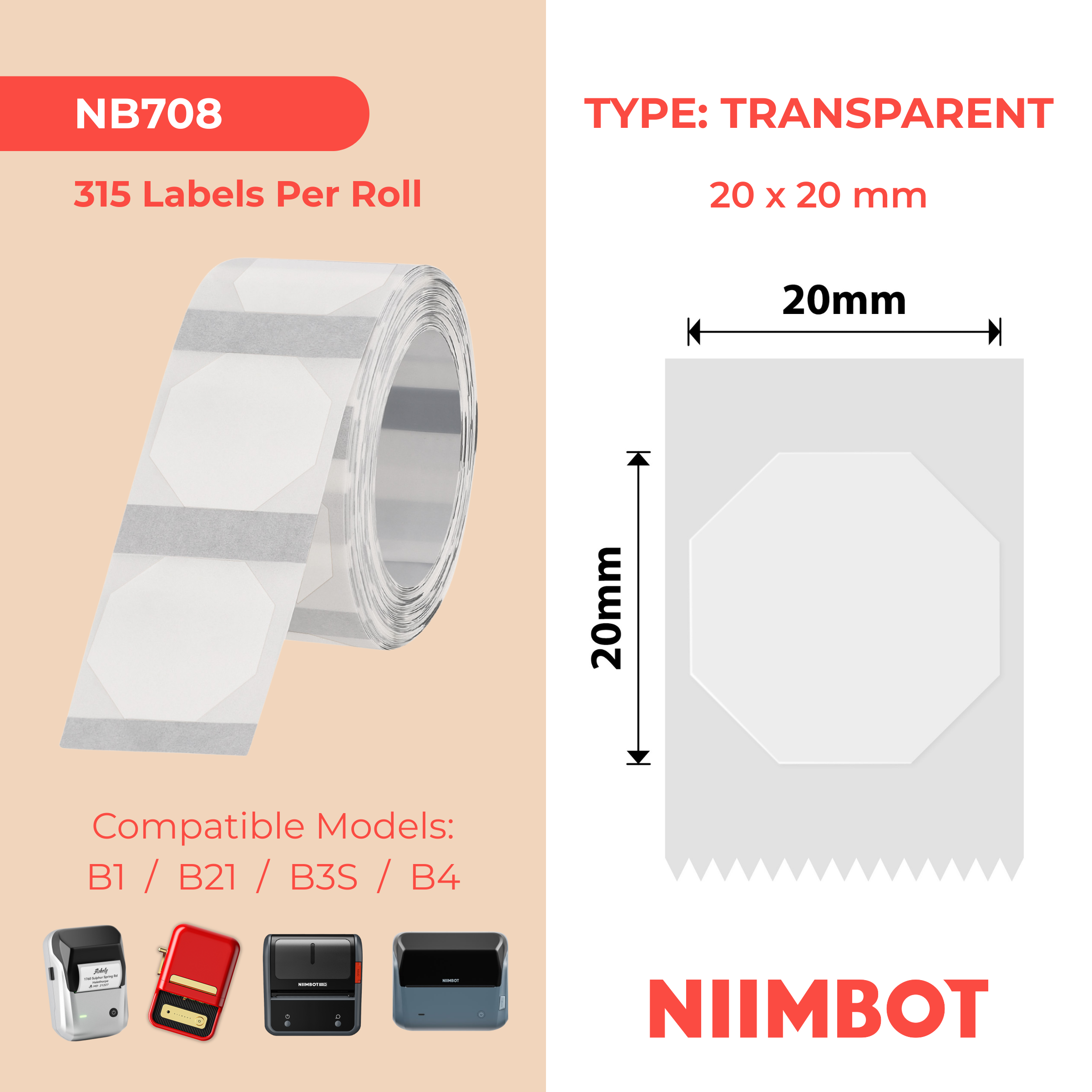 NIIMBOT - B Range - 20x20mm - Transparent - 315 Labels