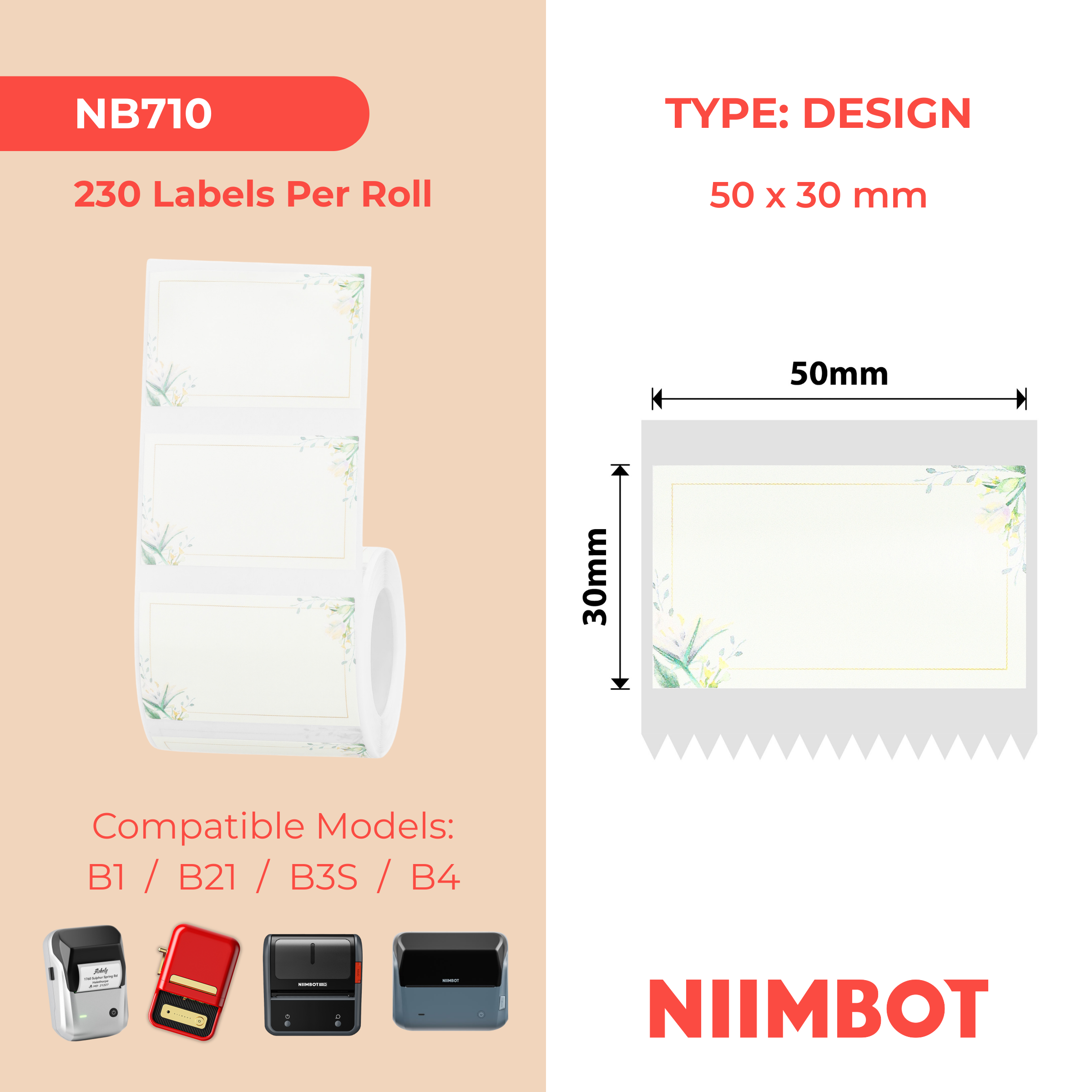 NIIMBOT - B Range - 50x30mm - Plain Floral Print - 230 Labels