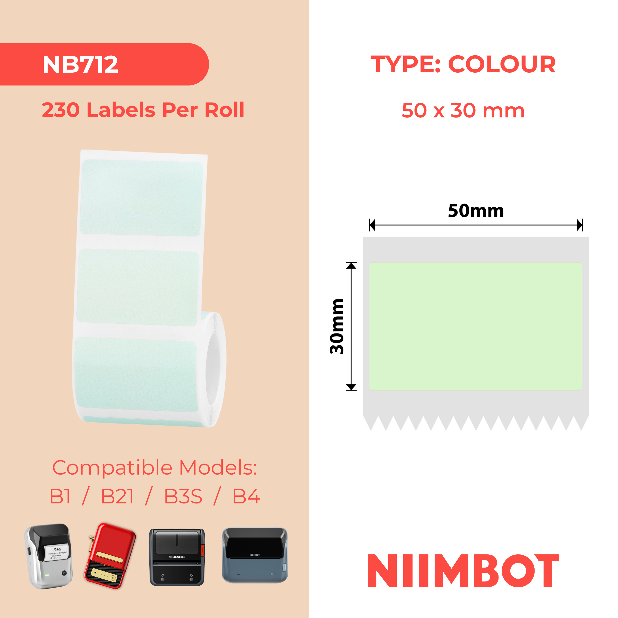 NB712 - Niimbot - B1 / B21 / B31 / B3S / B4 - 50x30mm - 230 Mint Green Labels