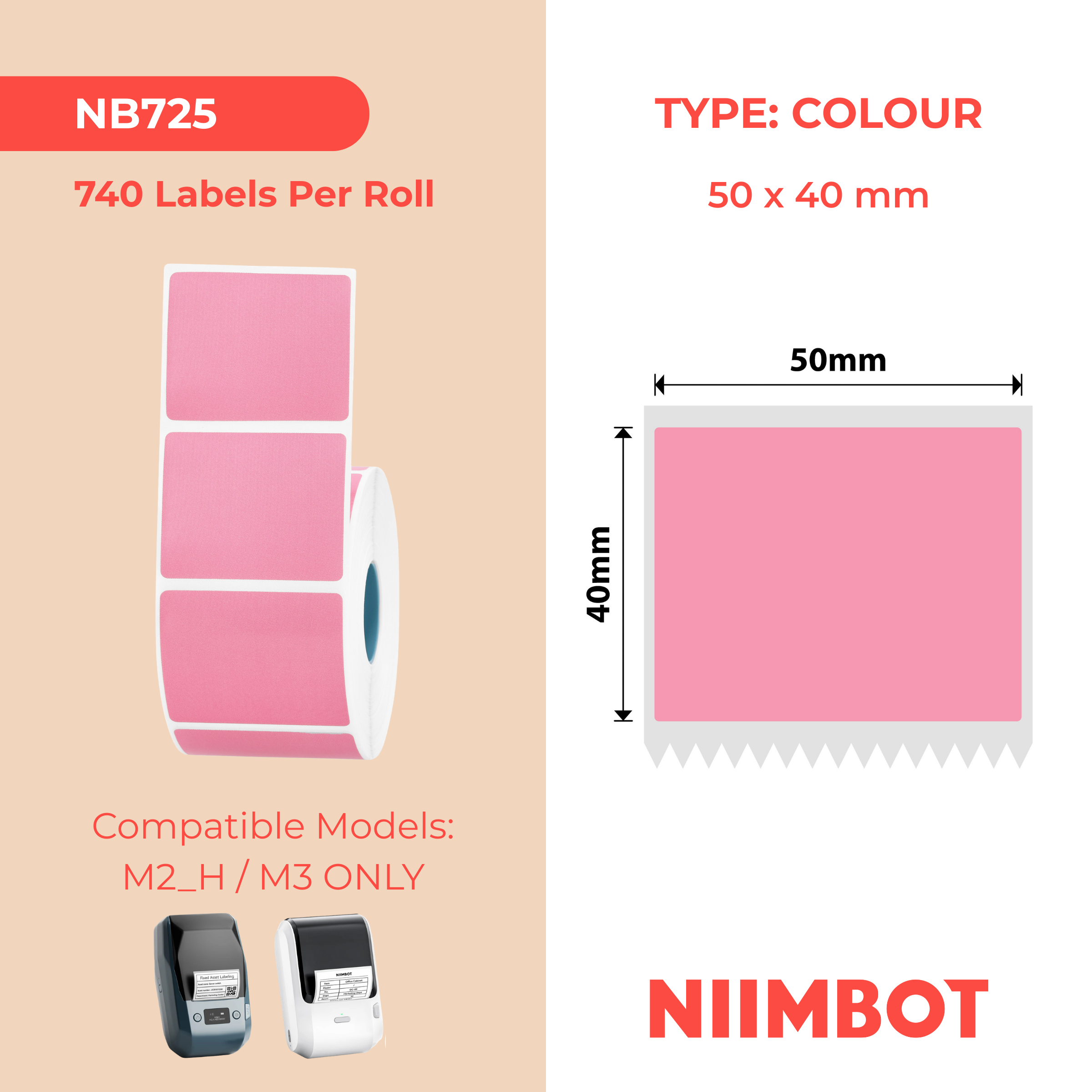 NIIMBOT - K Range - 50x40mm - Pink - 740 Labels