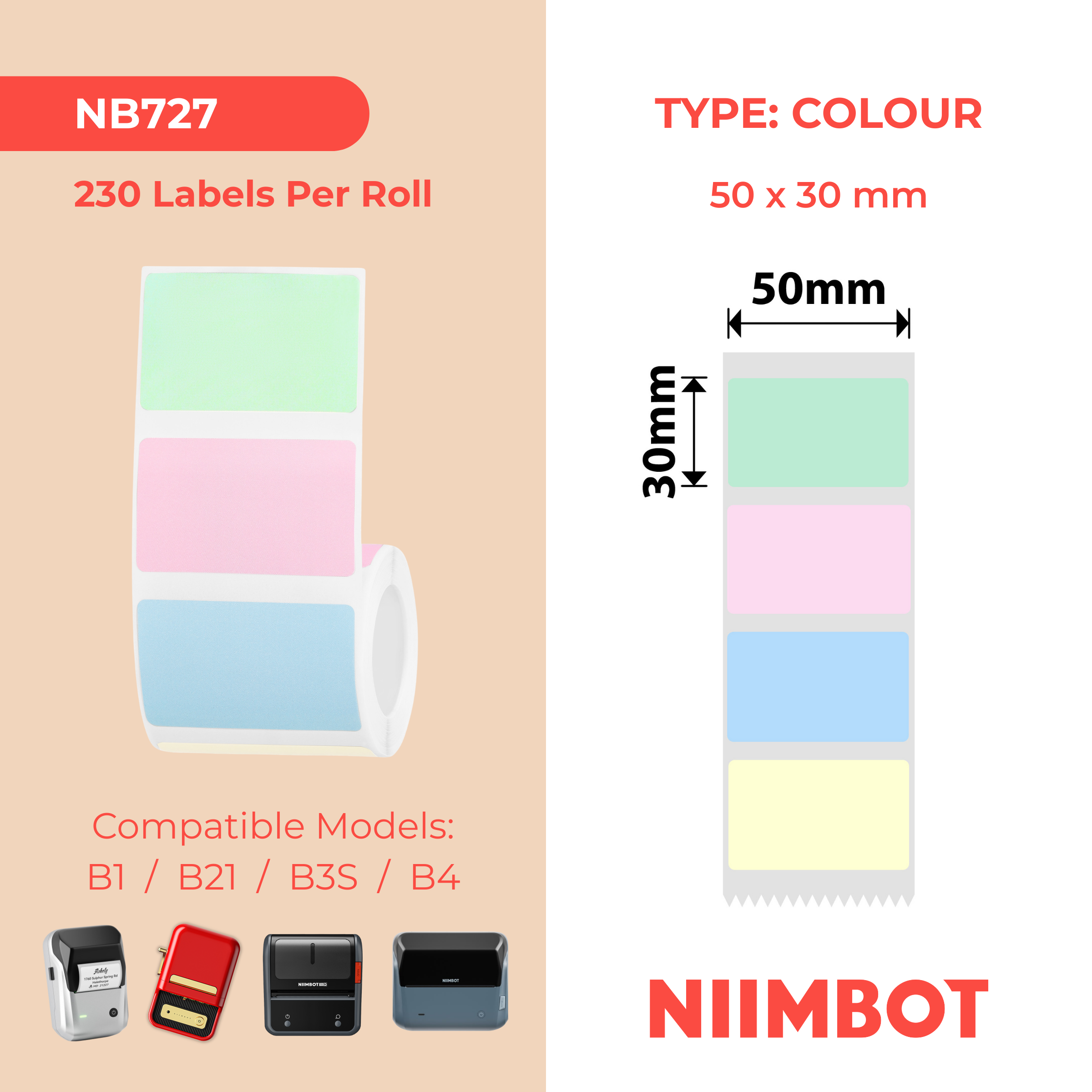 NIIMBOT - B Range - 50x30mm - Colors In Roll - 230 Labels