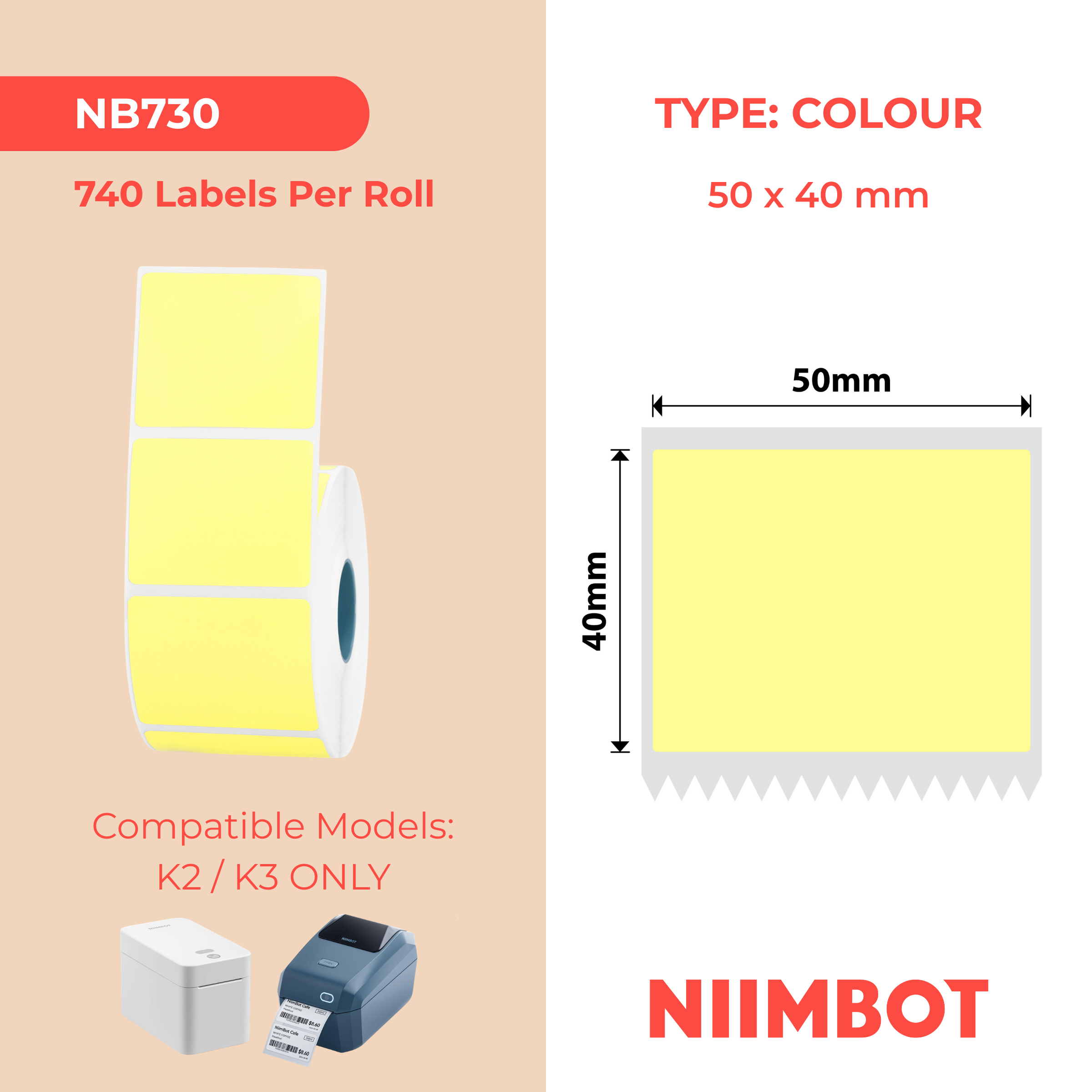 NIIMBOT - K Range - 50x40mm - Bright Yellow - 740 Labels
