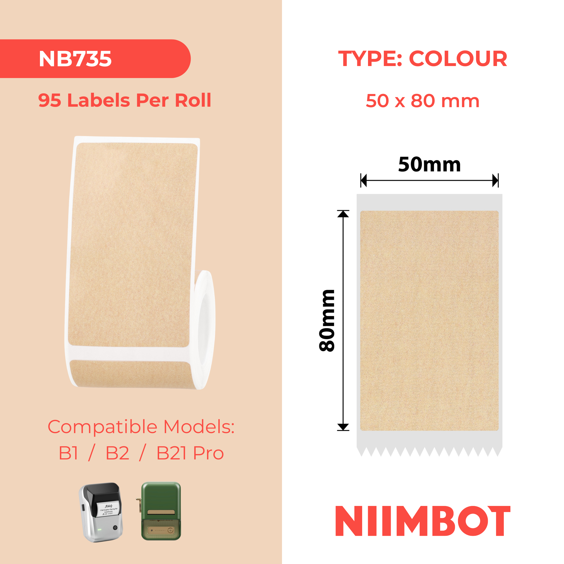 NIIMBOT - B Pro Range - 50x80mm - Kraft - Dual Colour - Red & Black Text - 95 Labels
