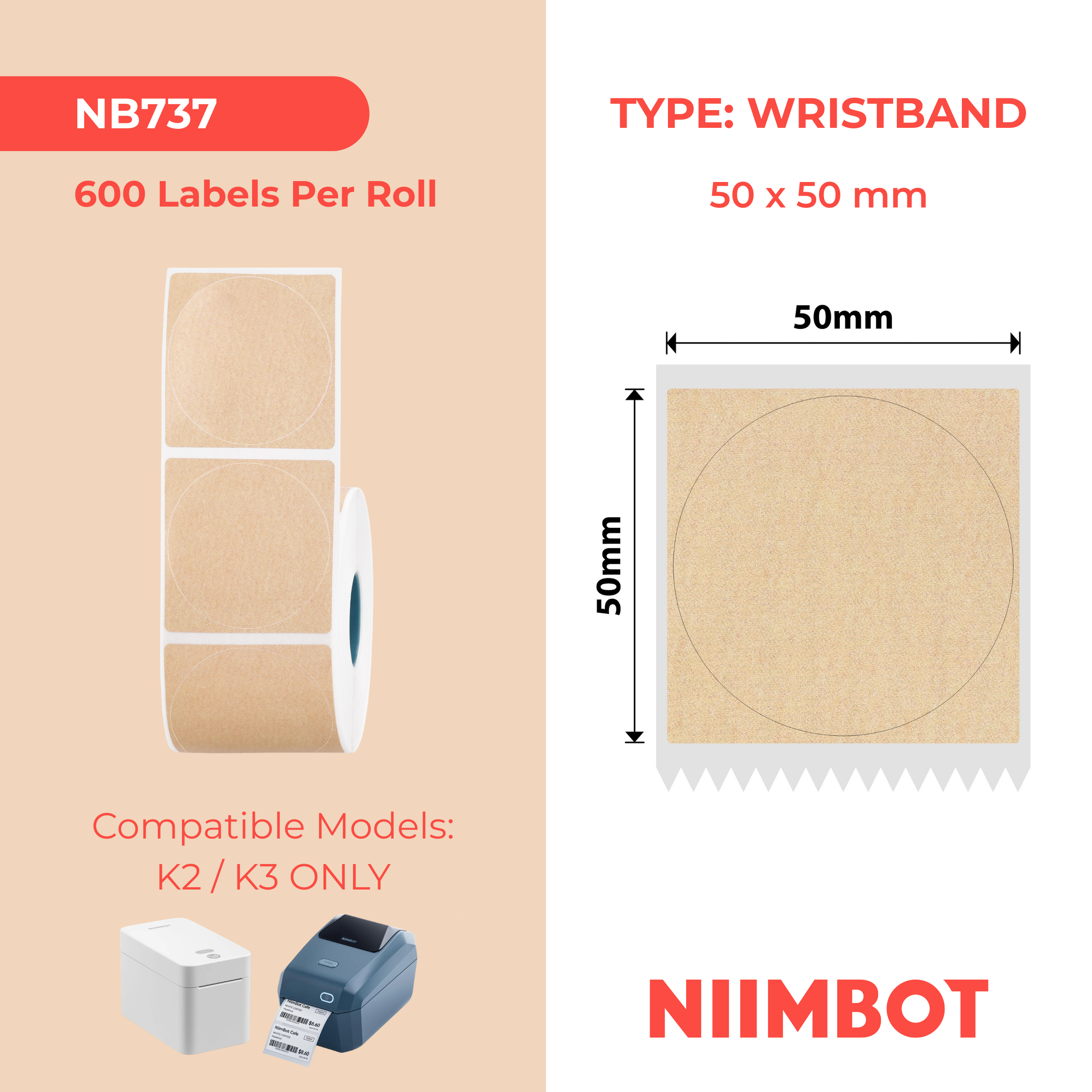 NIIMBOT - K Range - 50x50mm - Kraft Round - 600 Labels