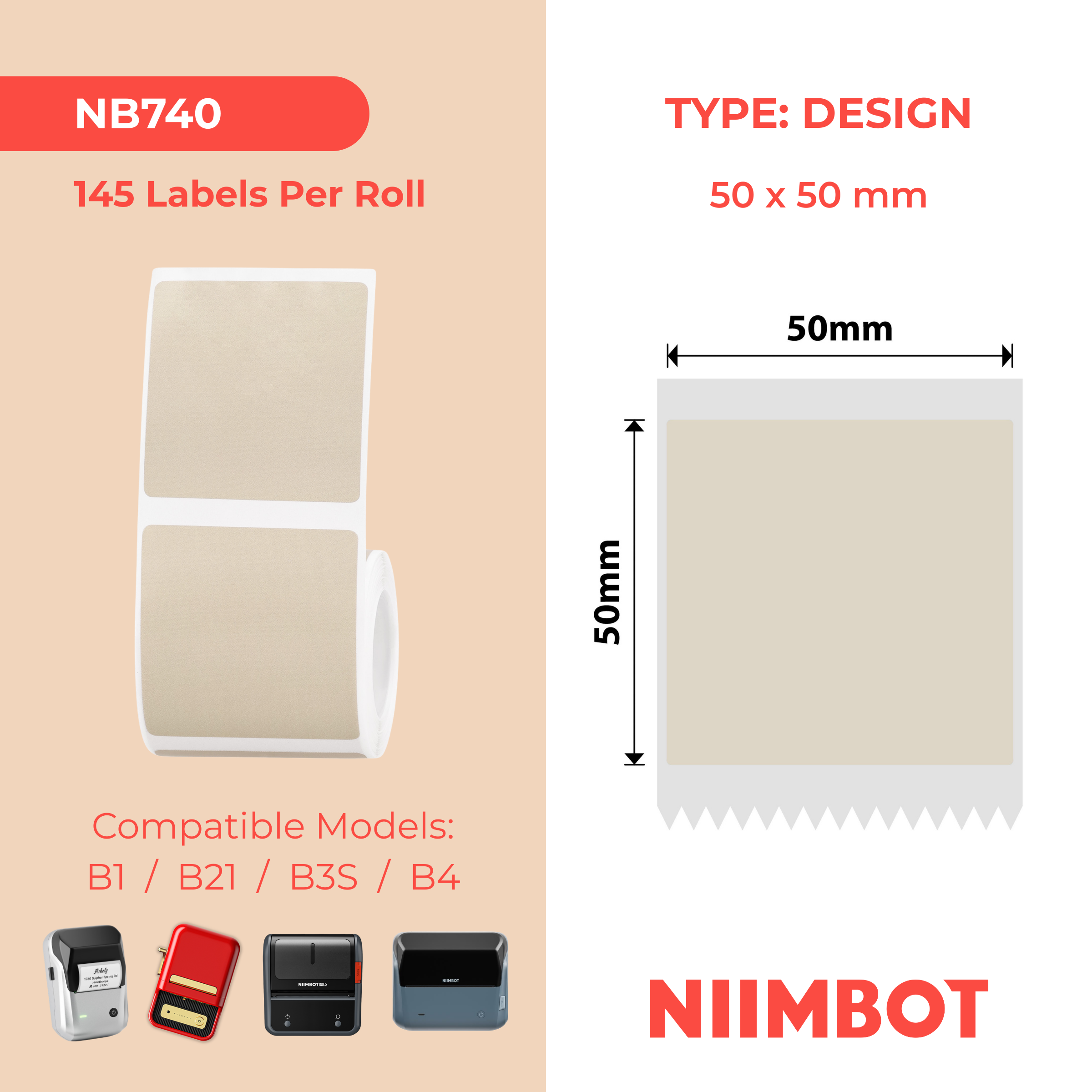 NIIMBOT - B Range - 50x50mm - Kraft - 145 Labels