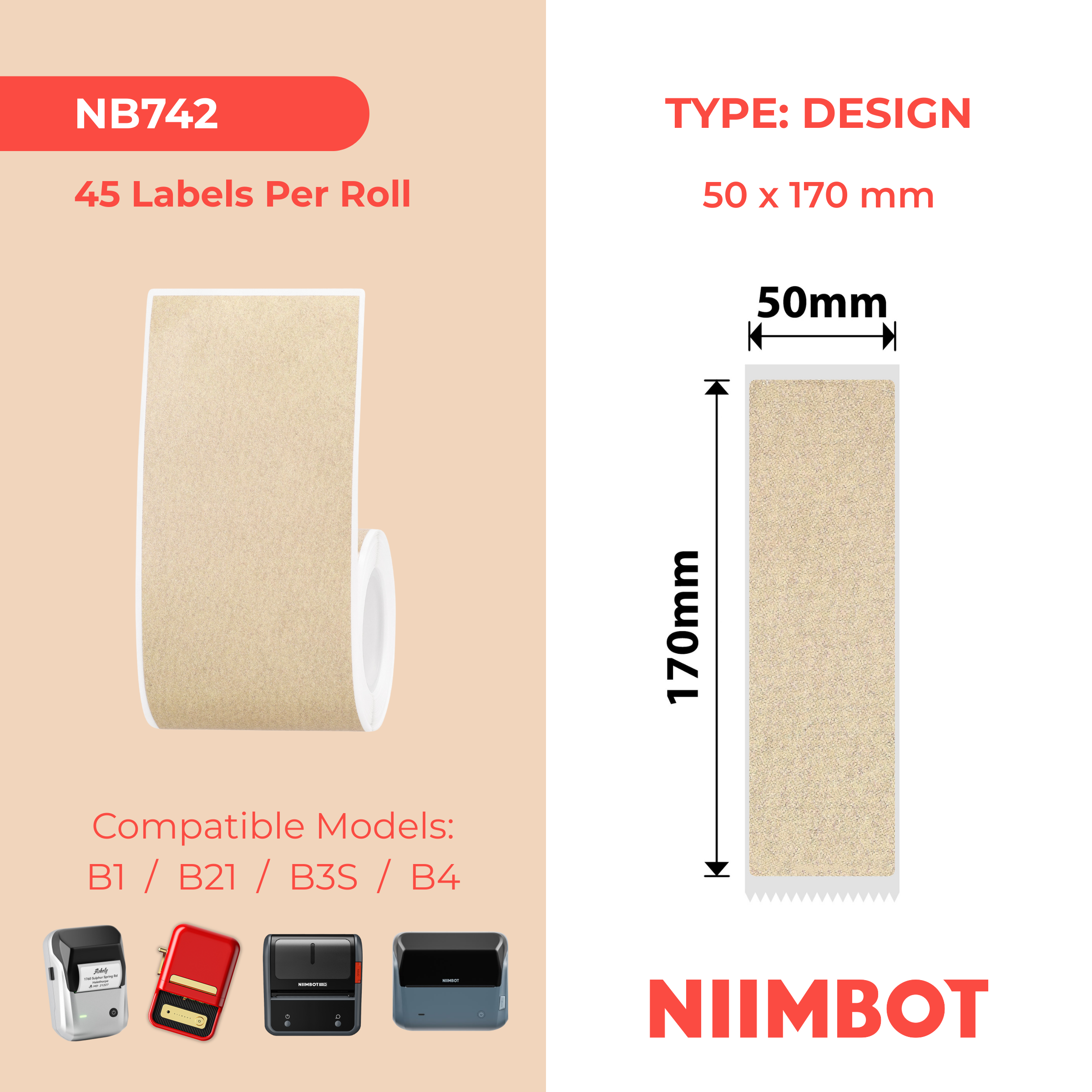 NB742 - NIIMBOT - B1 / B21 / B3S / B4 - 50X170MM - 45 KRAFT FILE LABELS