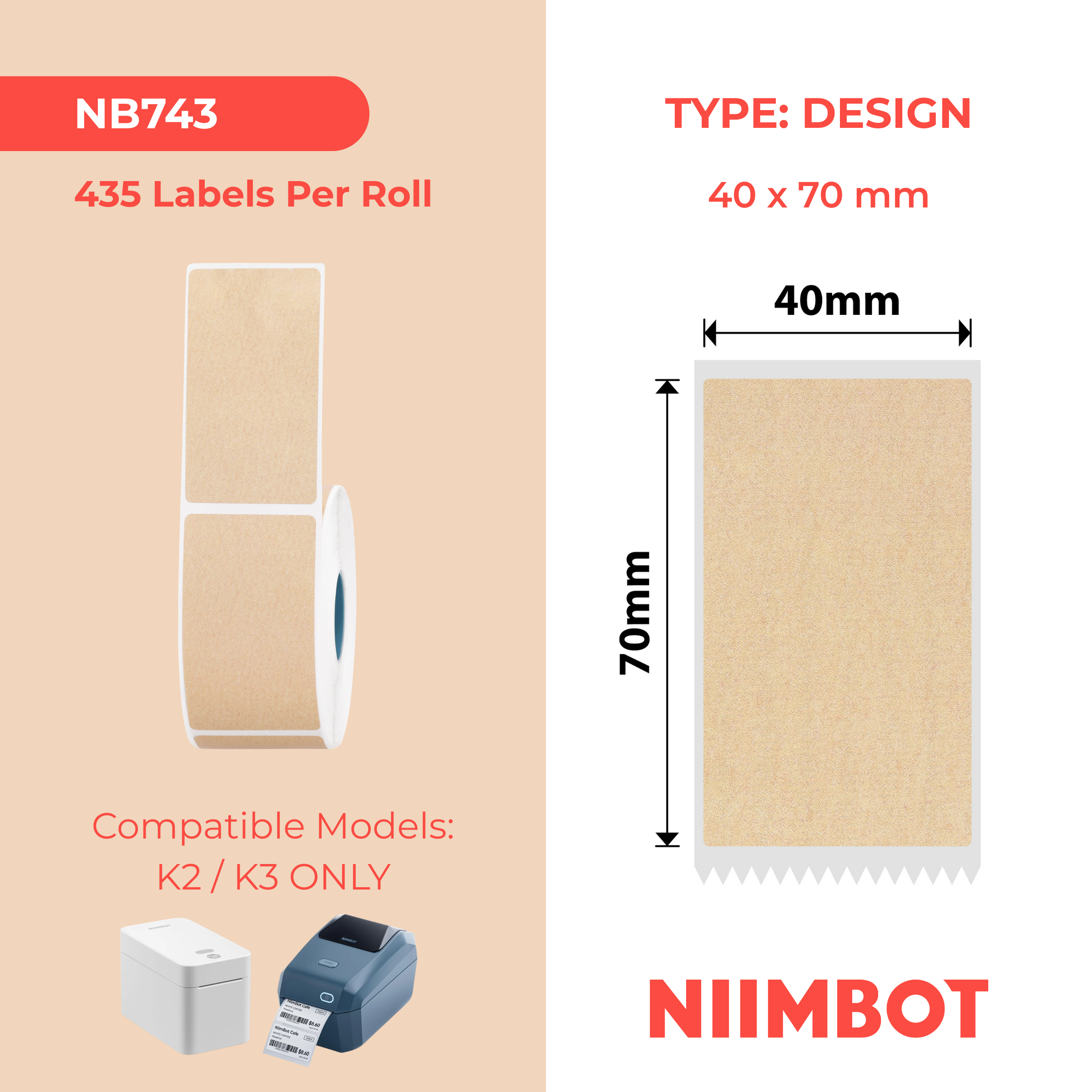 NIIMBOT - K Range - 40x70mm - Kraft - 435 Labels