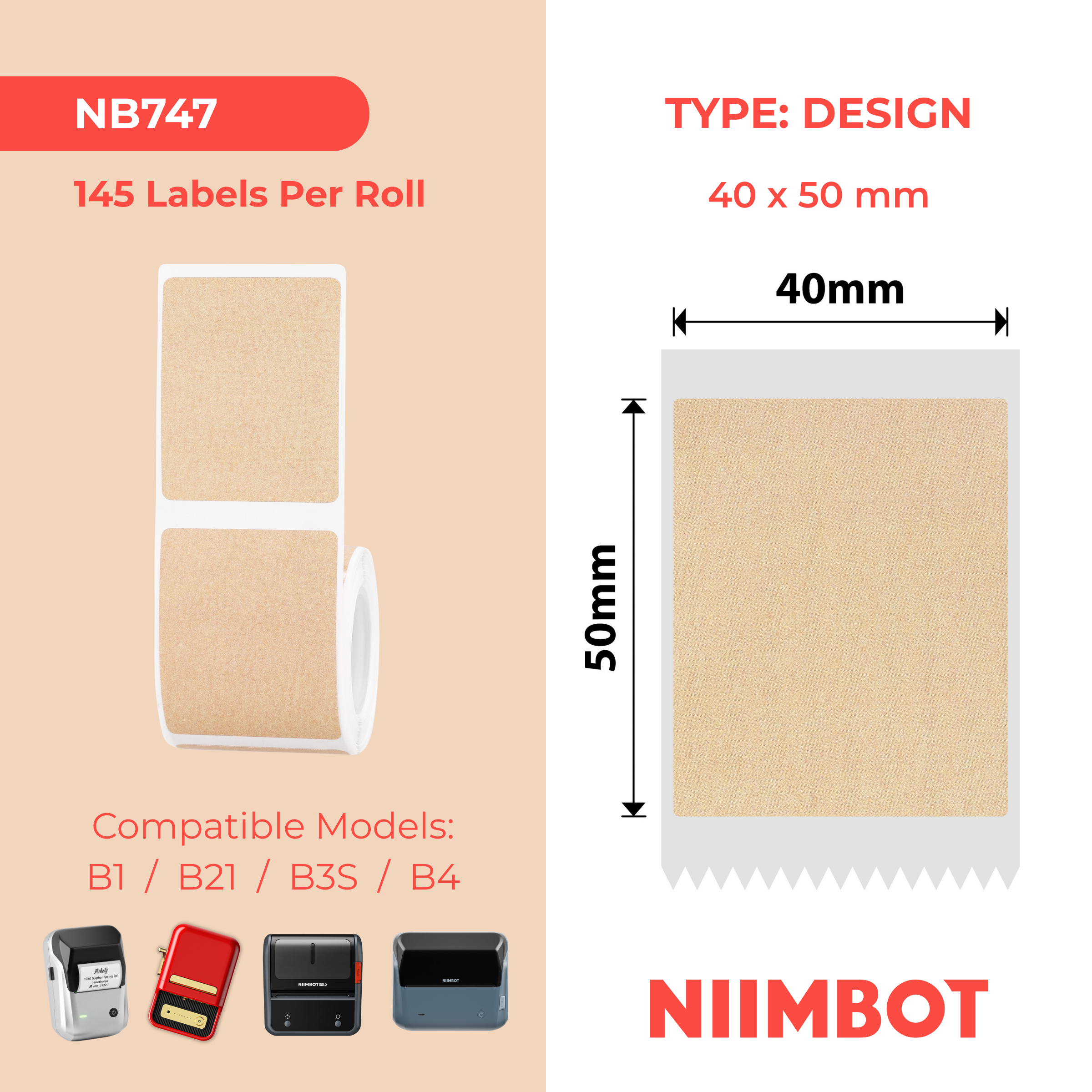 NIIMBOT - B Range - 40x50mm - Kraft - 145 Labels