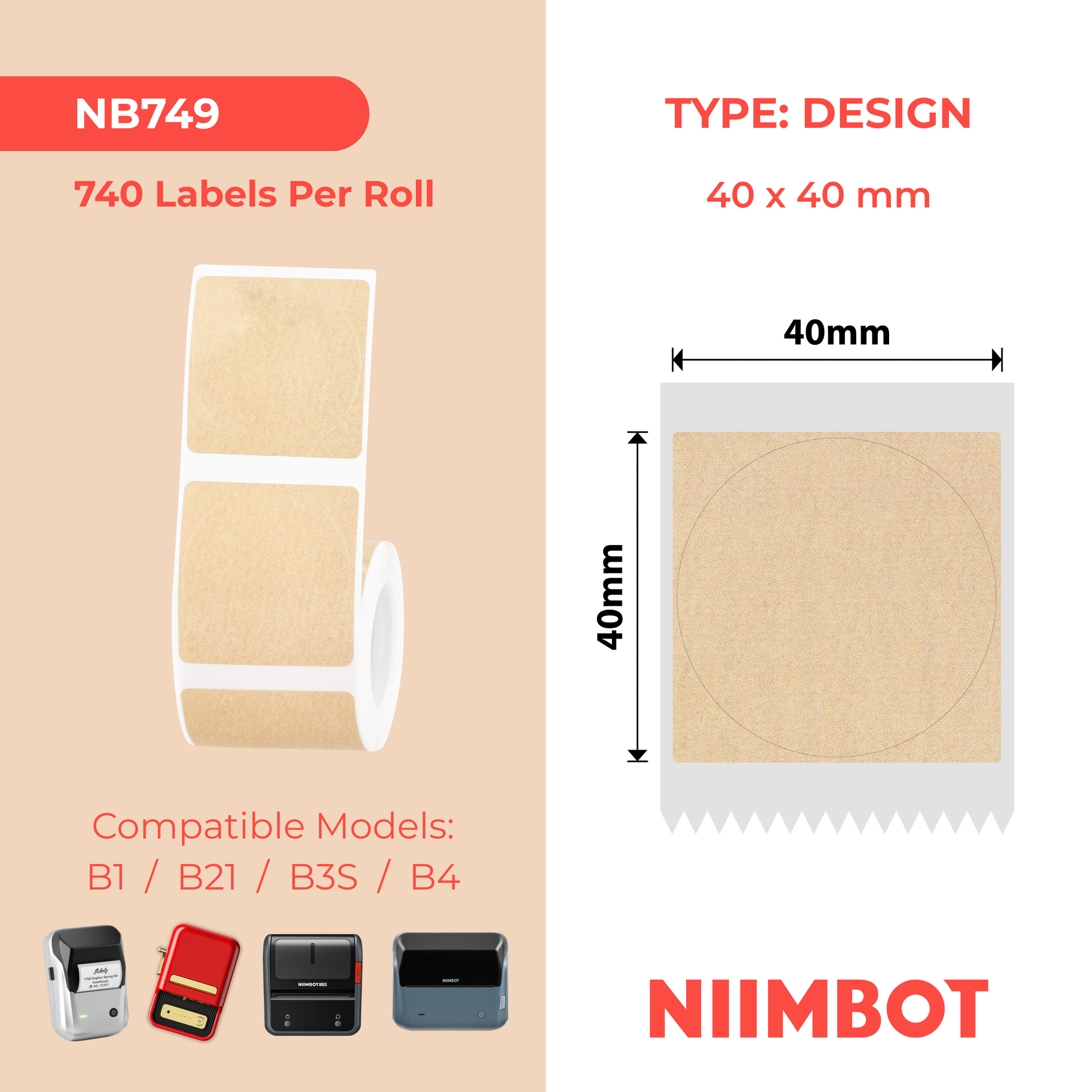 NIIMBOT - B Range - 40x40mm - Kraft Round - 180 Labels