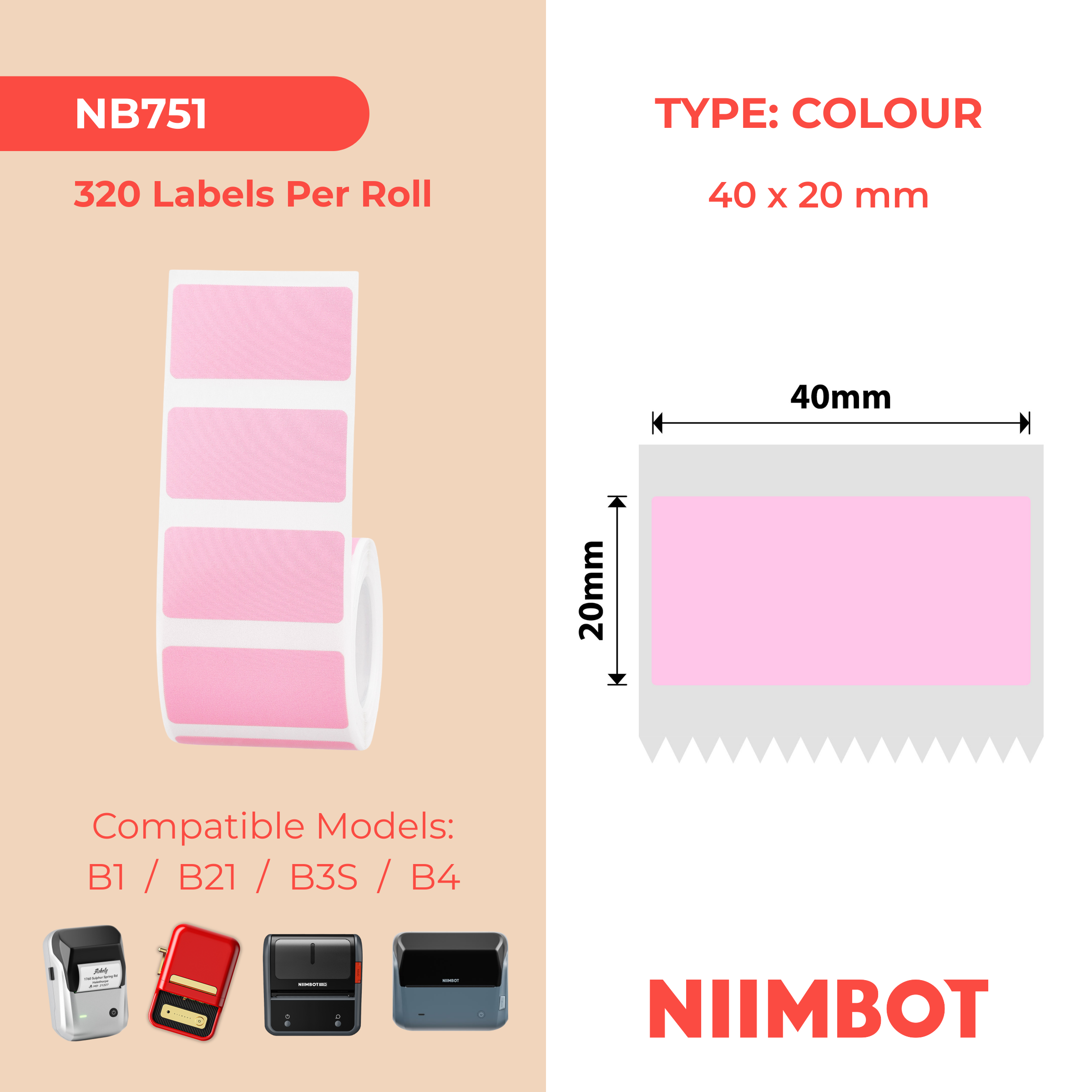 NIIMBOT - B Range - 40x20mm - Pink - 320 Labels