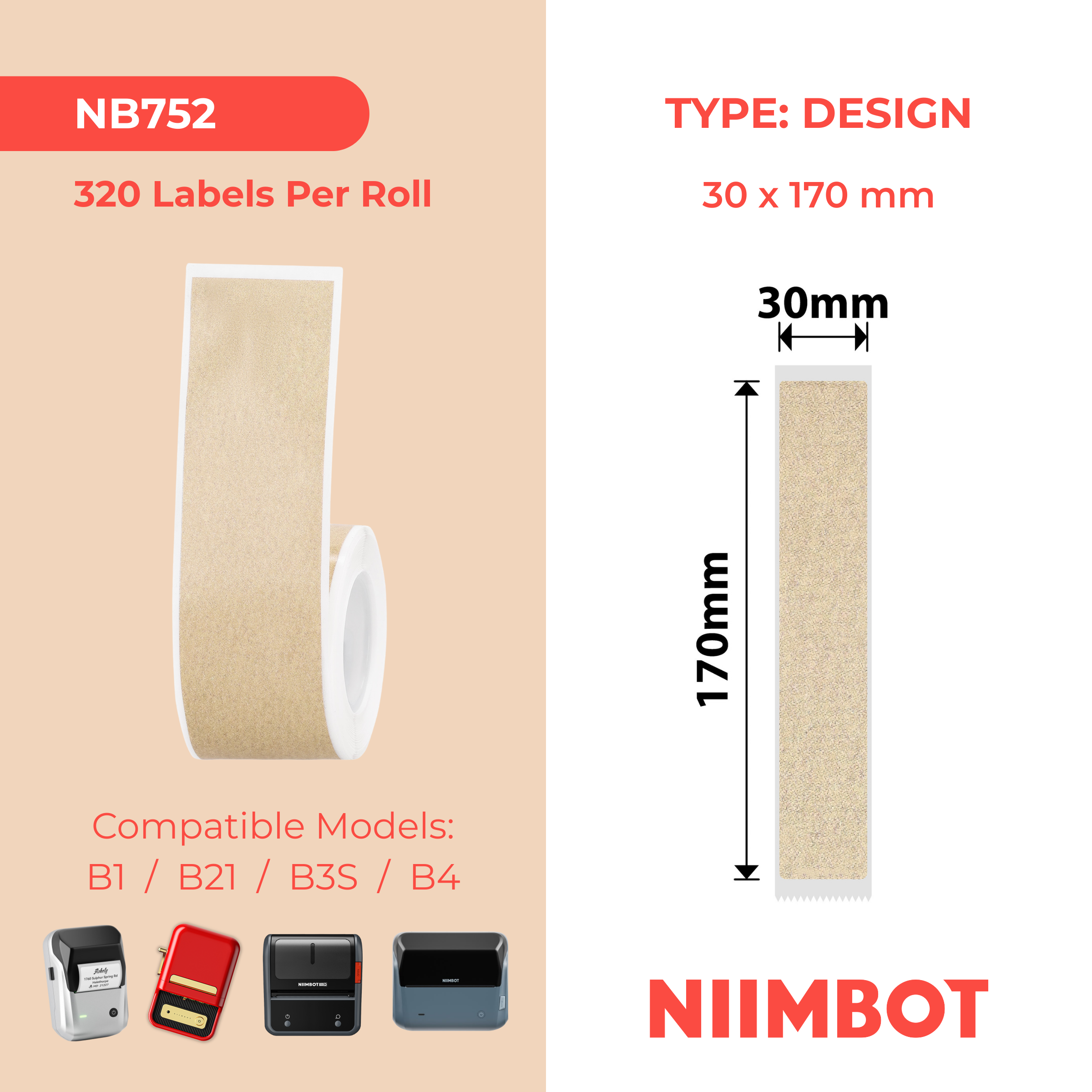 NIIMBOT - B Range - 30x170mm - Kraft File - 45 Labels