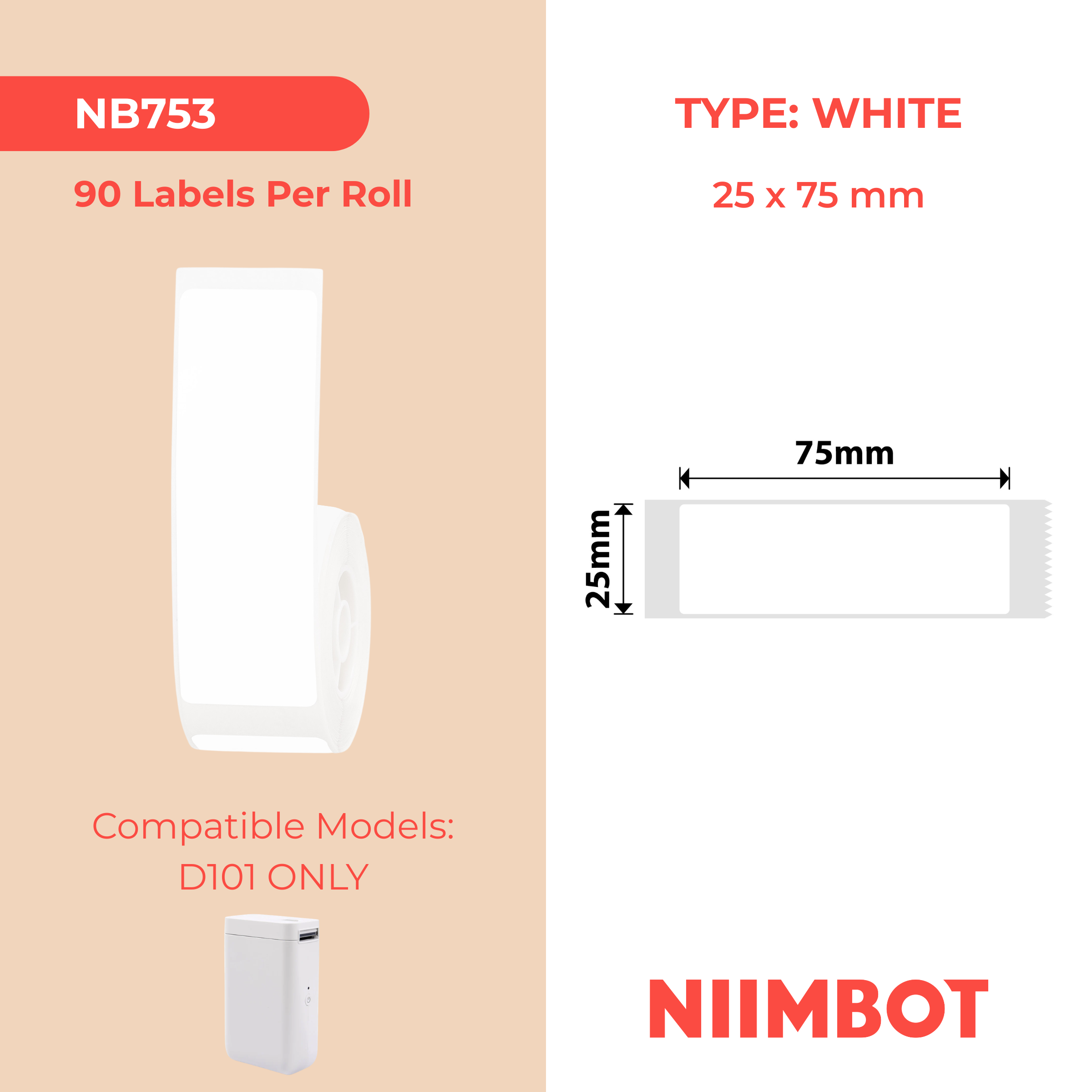 NIIMBOT - D101 Only - 25x75mm - White - 90 Labels