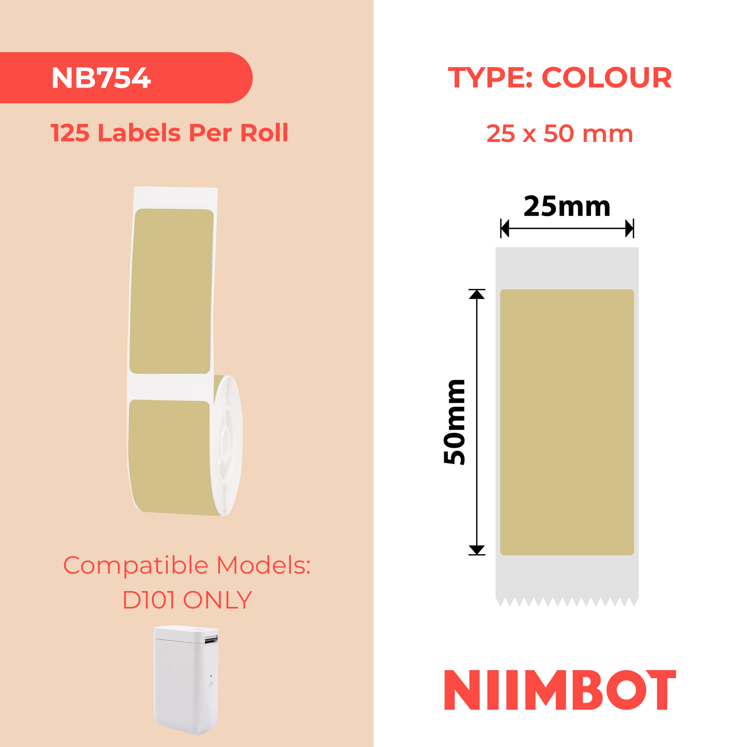 NIIMBOT - D101 Only - 25x50mm - Kraft - 125 Labels