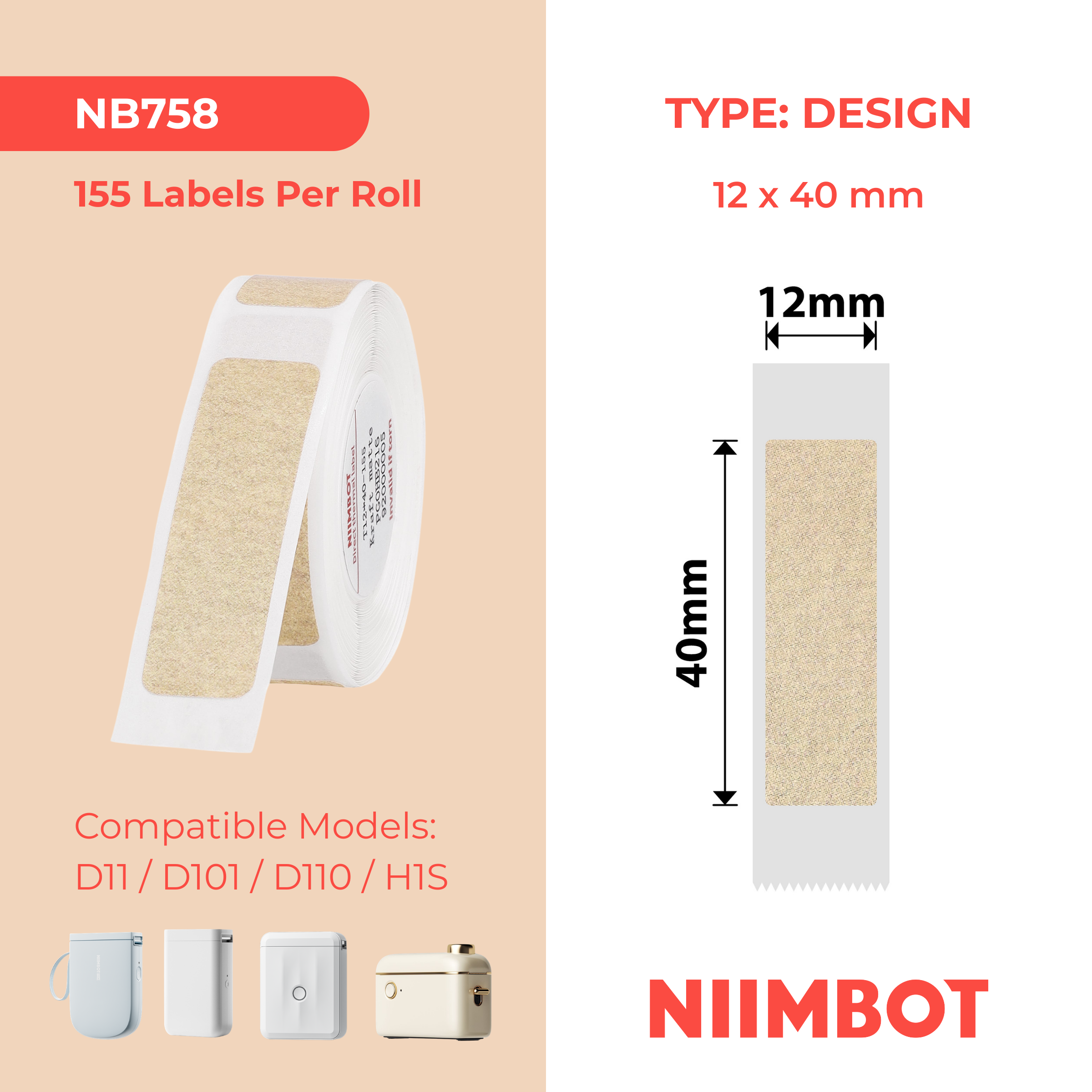 NIIMBOT - D Range - 12x40mm - Kraft Matte - 155 Labels