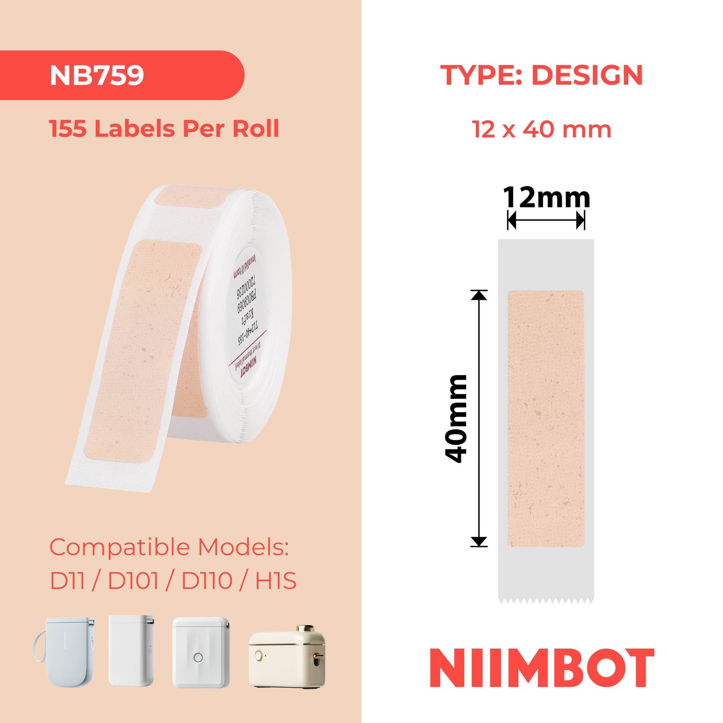 NIIMBOT - D Range - 12x40mm - Kraft - 155 Labels