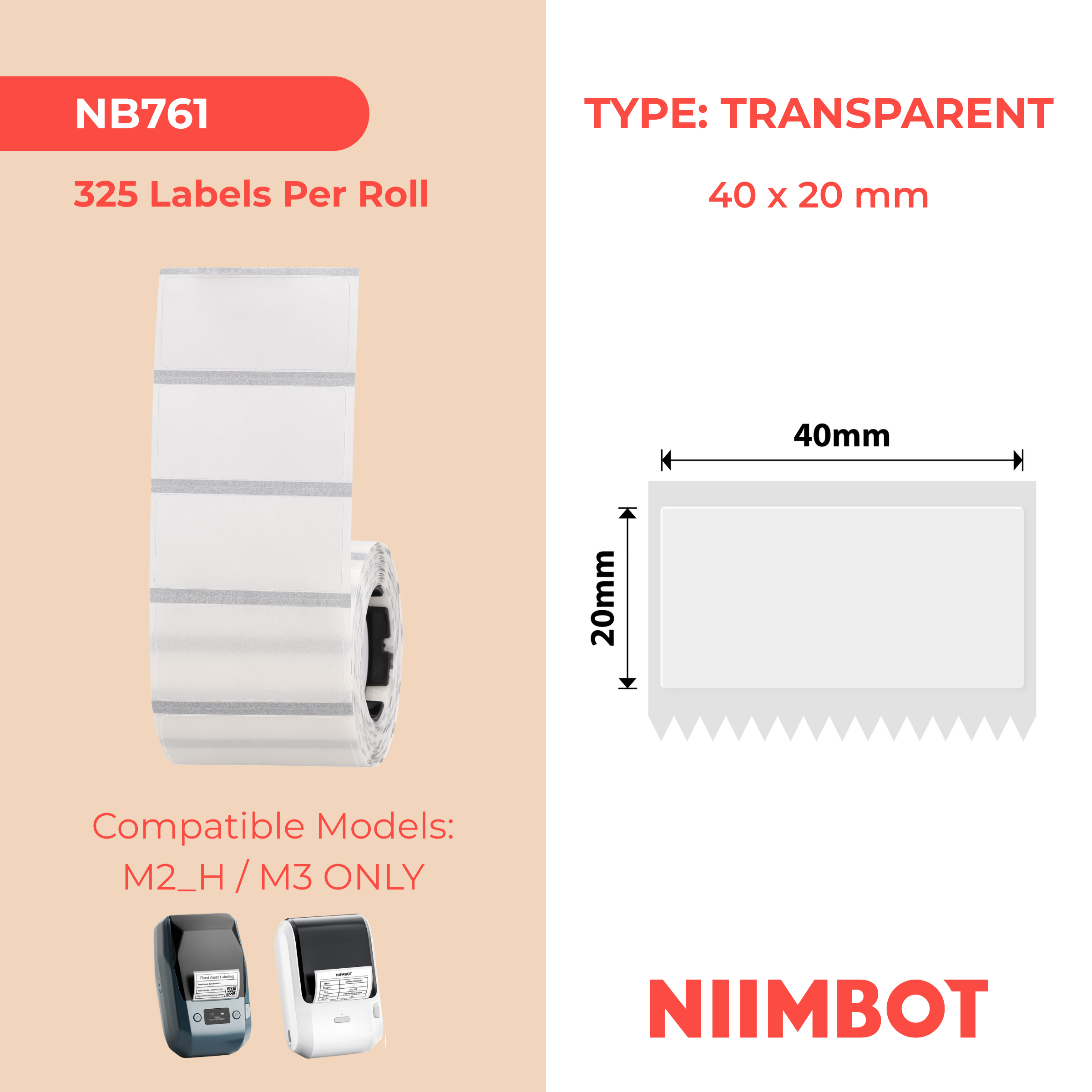 NB761 - Niimbot - M2 / M3 - 40x20mm - 325 Transparent Labels